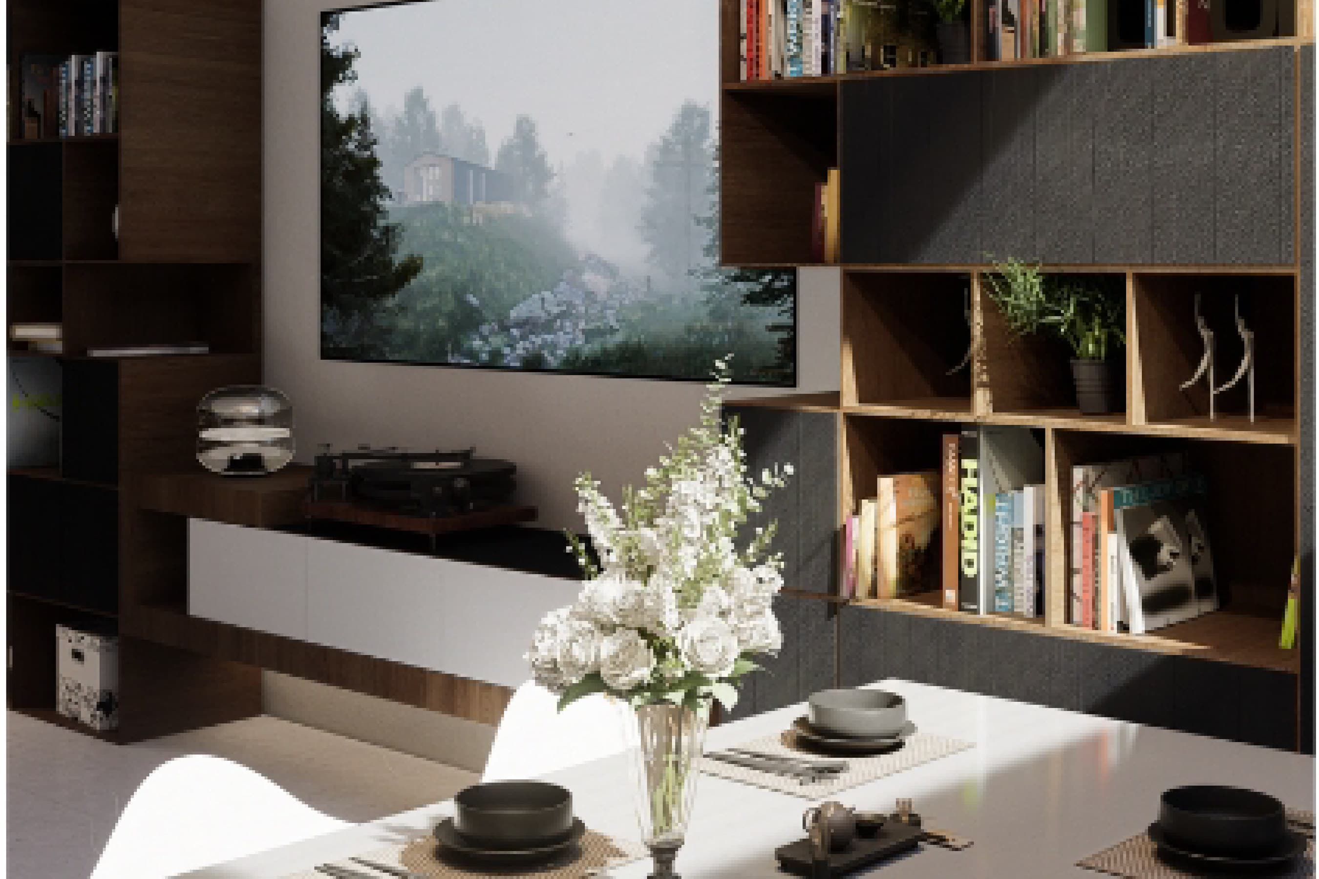 Living room with a built-in timber bookshelf and cabinetry along the wall behind a low console.