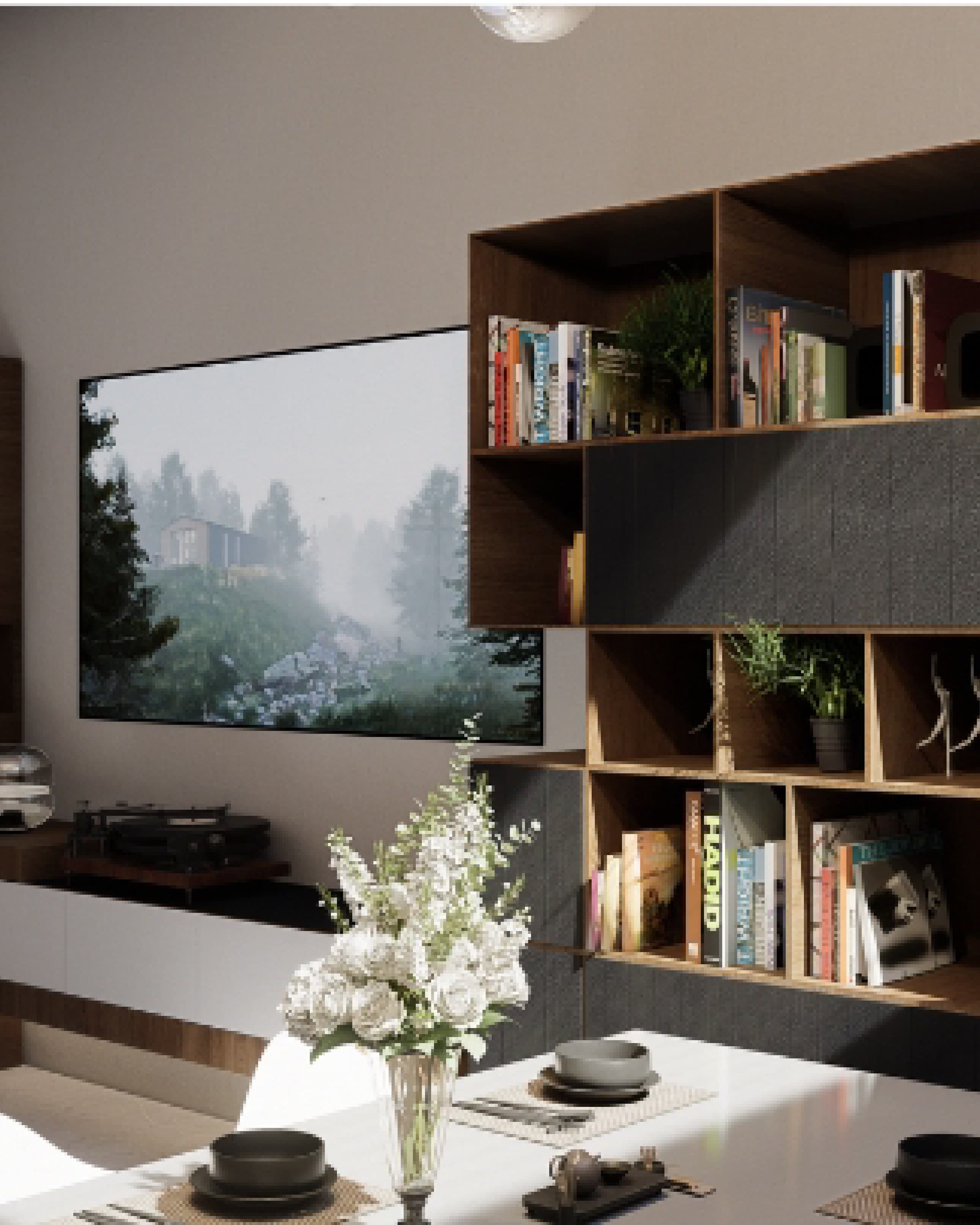 Living room with a built-in timber bookshelf and cabinetry along the wall behind a low console.
