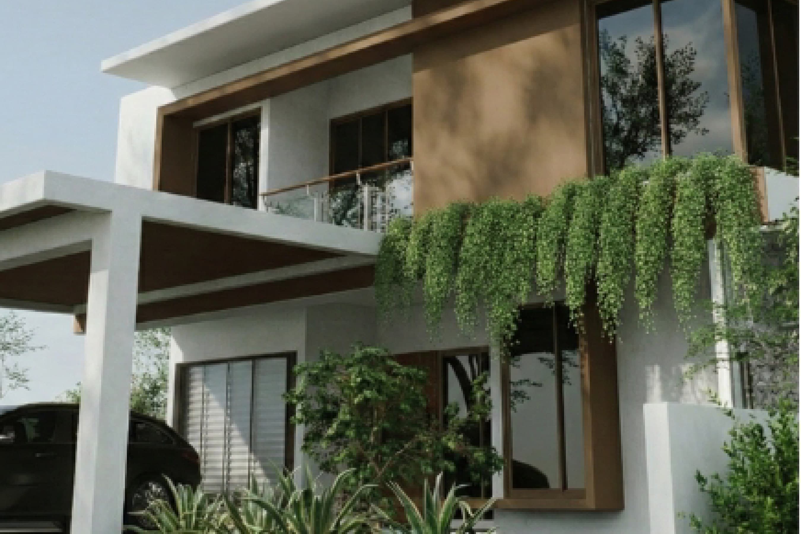 Wide exterior view showing a covered pergola walkway and climbing greenery along the second floor.