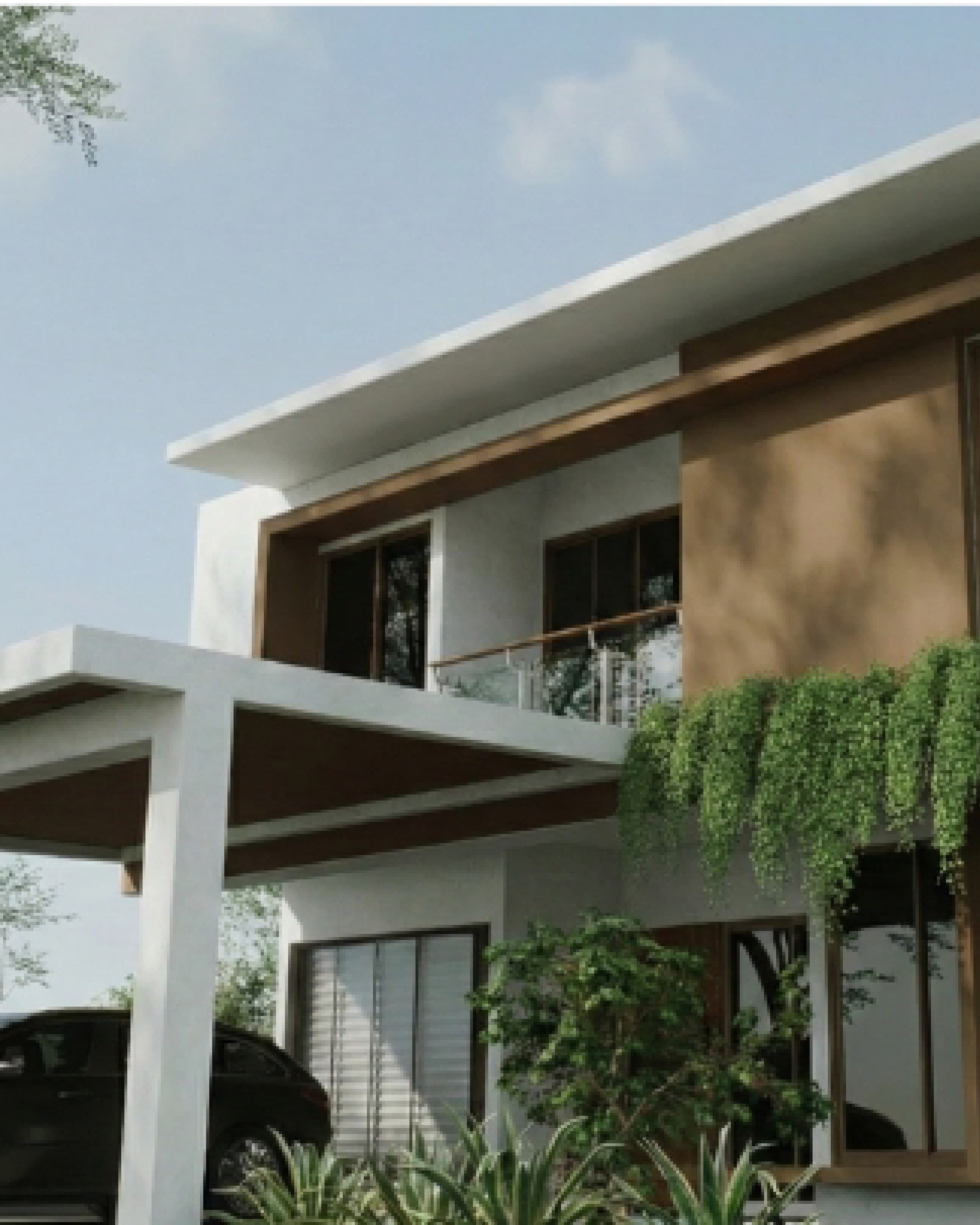 Wide exterior view showing a covered pergola walkway and climbing greenery along the second floor.