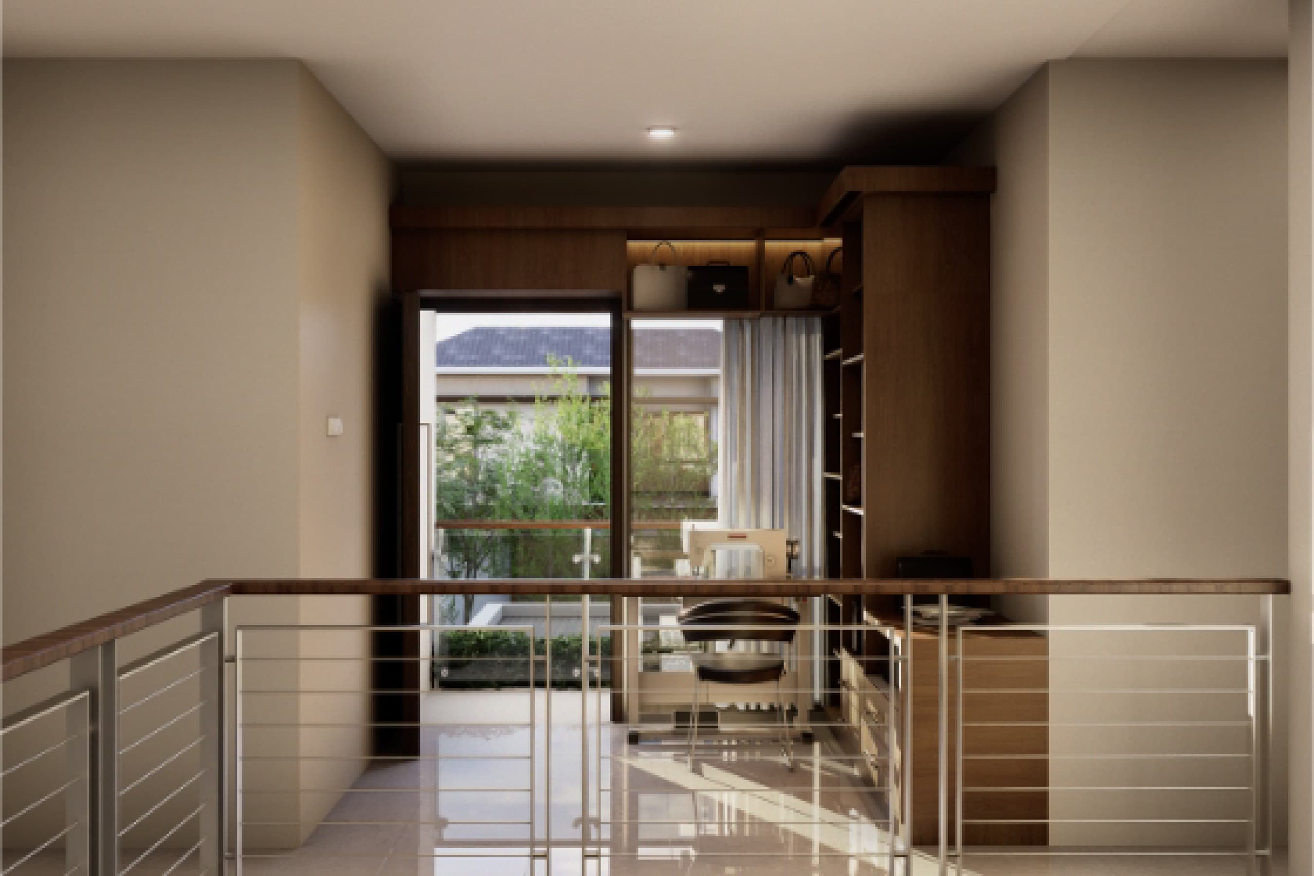 Entry hallway finished in timber panelling with a glazed doorway visible at the far end.