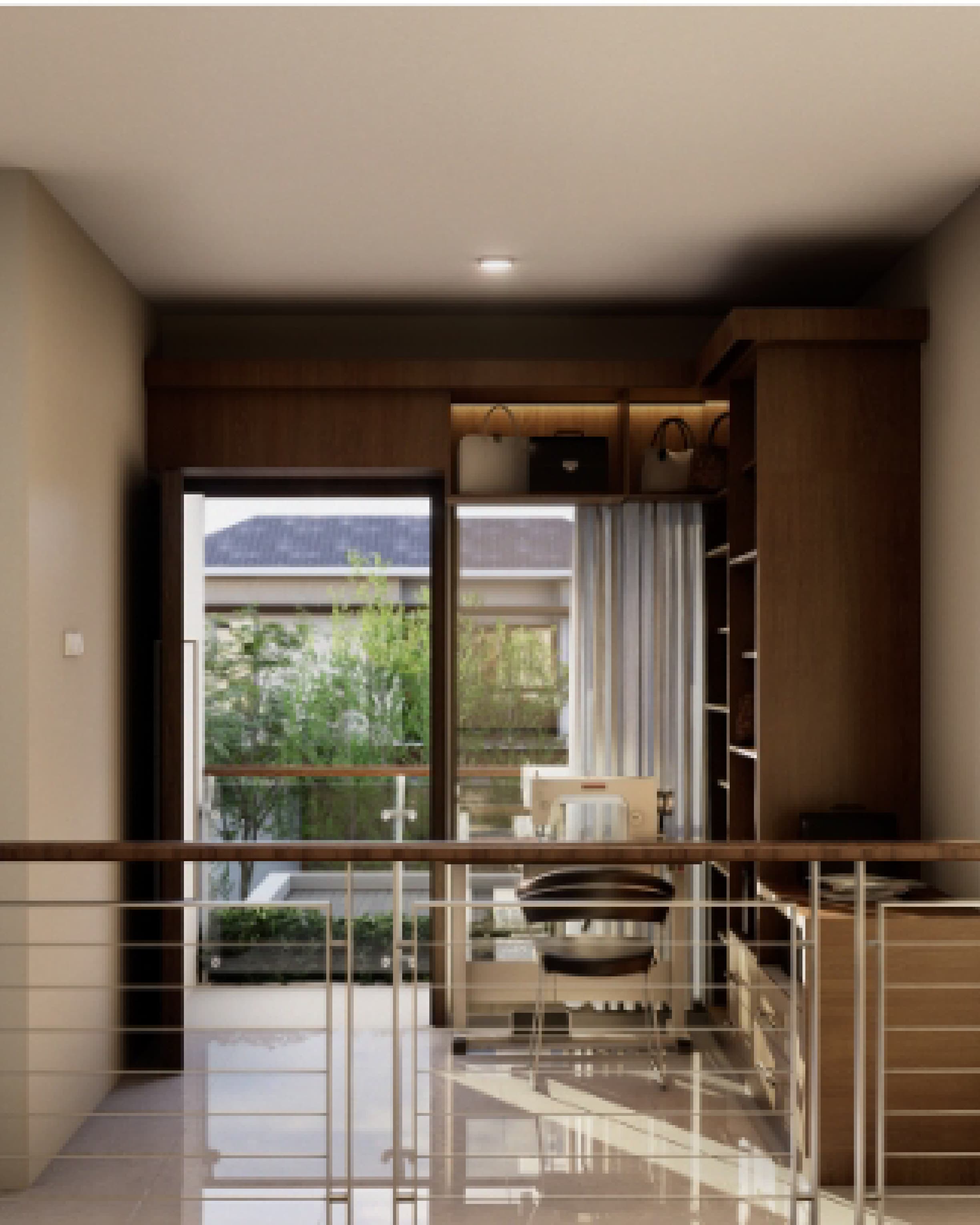 Entry hallway finished in timber panelling with a glazed doorway visible at the far end.