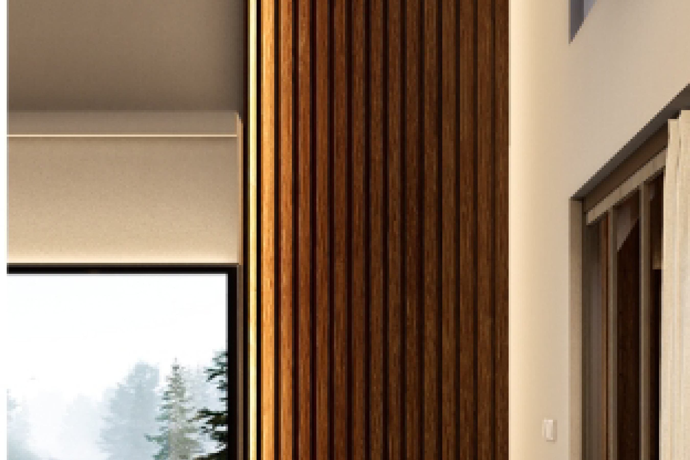 Detail of a timber wall panel beside a window, showing the grain and joinery up close.