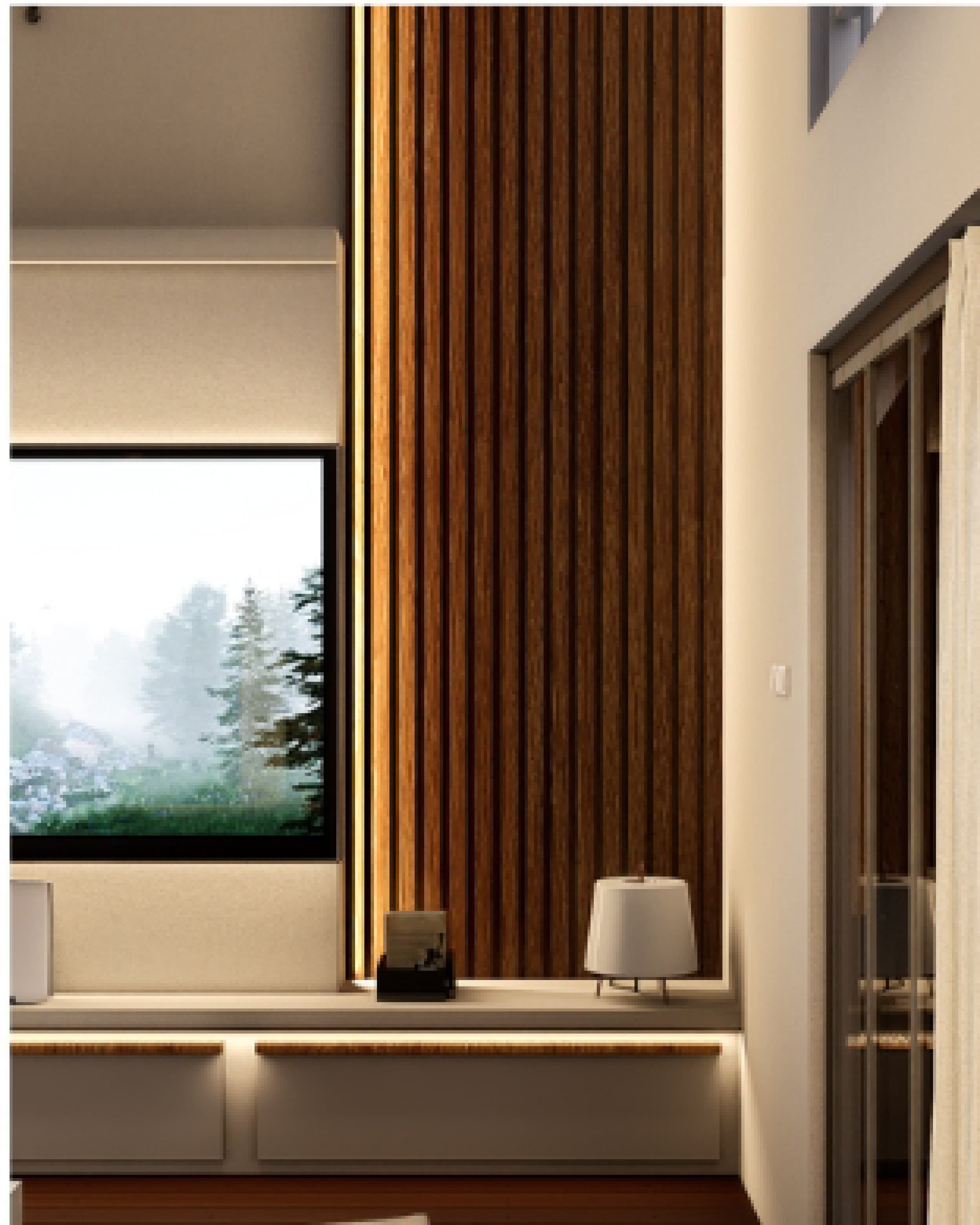 Detail of a timber wall panel beside a window, showing the grain and joinery up close.