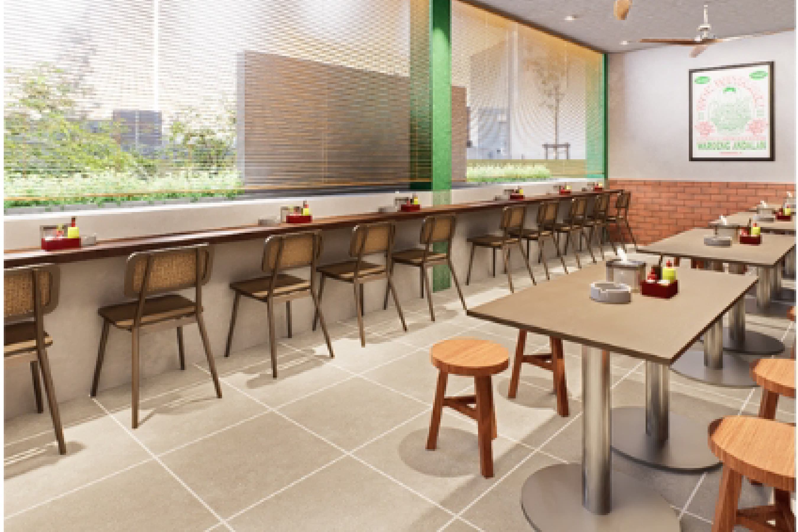 Dining room with a timber service counter, exposed brick wall and woven rattan stools along the bar.