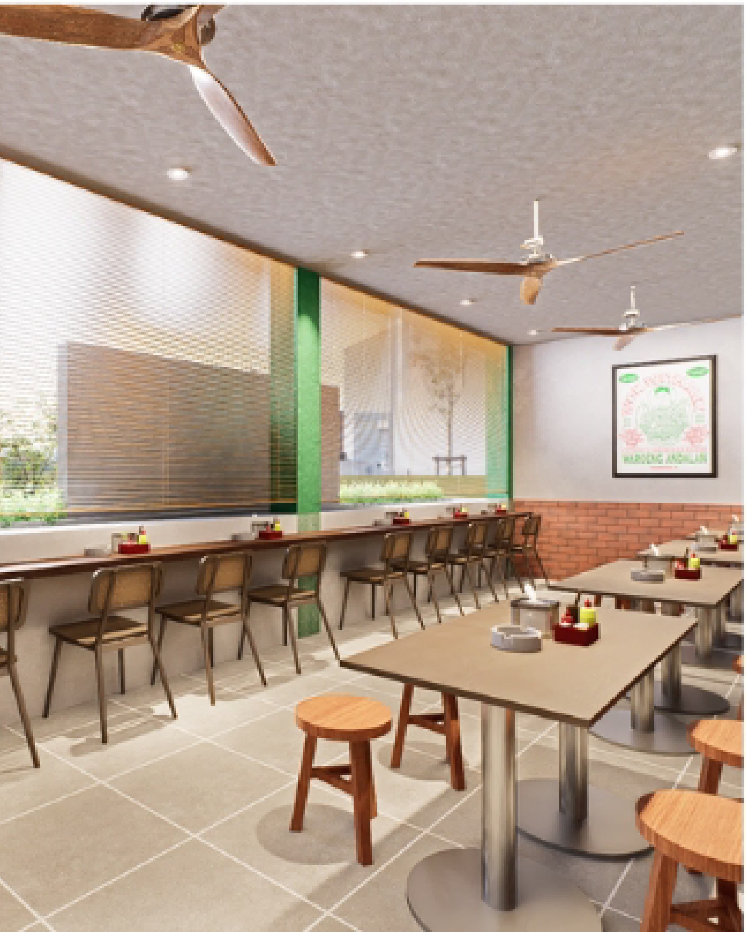 Dining room with a timber service counter, exposed brick wall and woven rattan stools along the bar.
