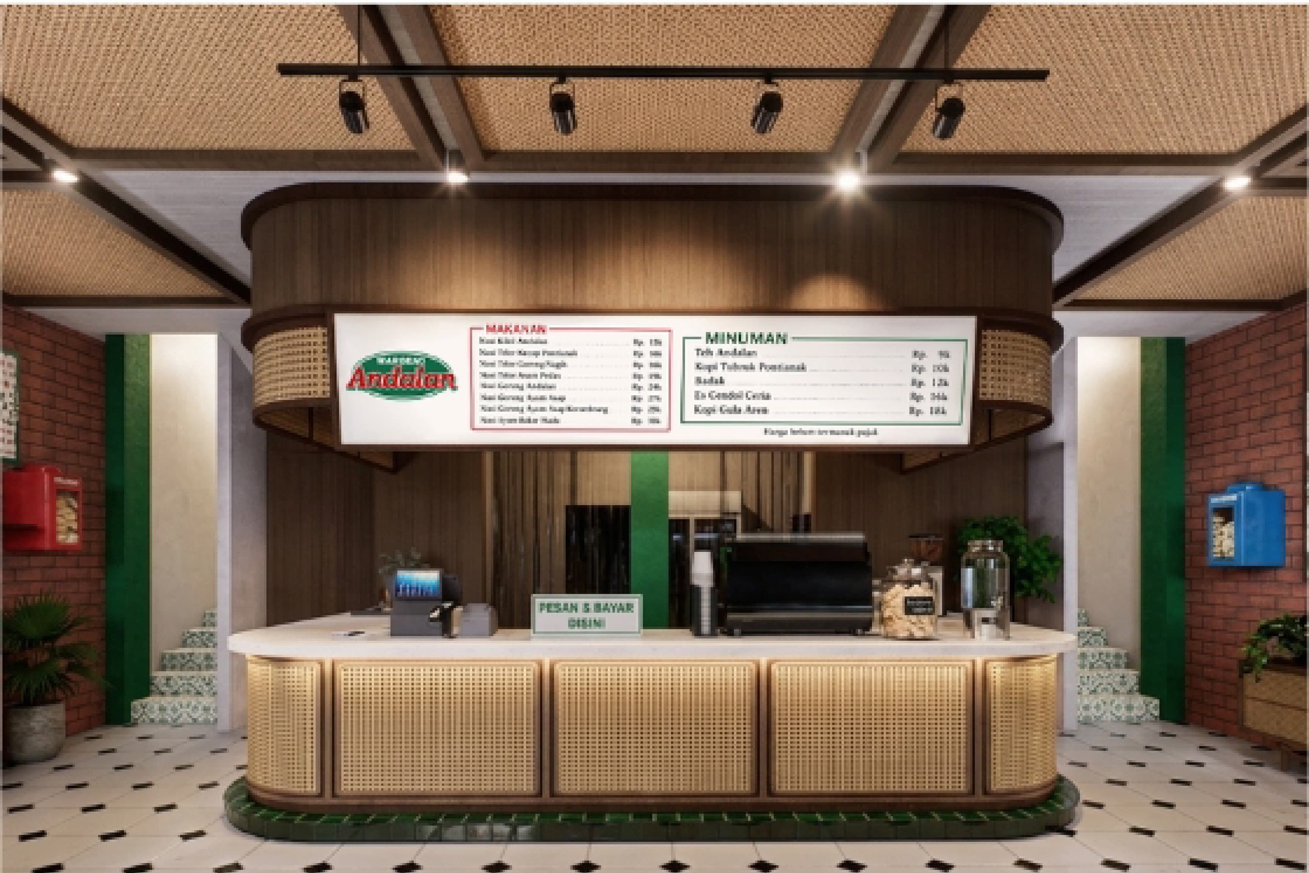 Order counter with overhead menu boards, green tile accents and a black-and-white checkered floor.