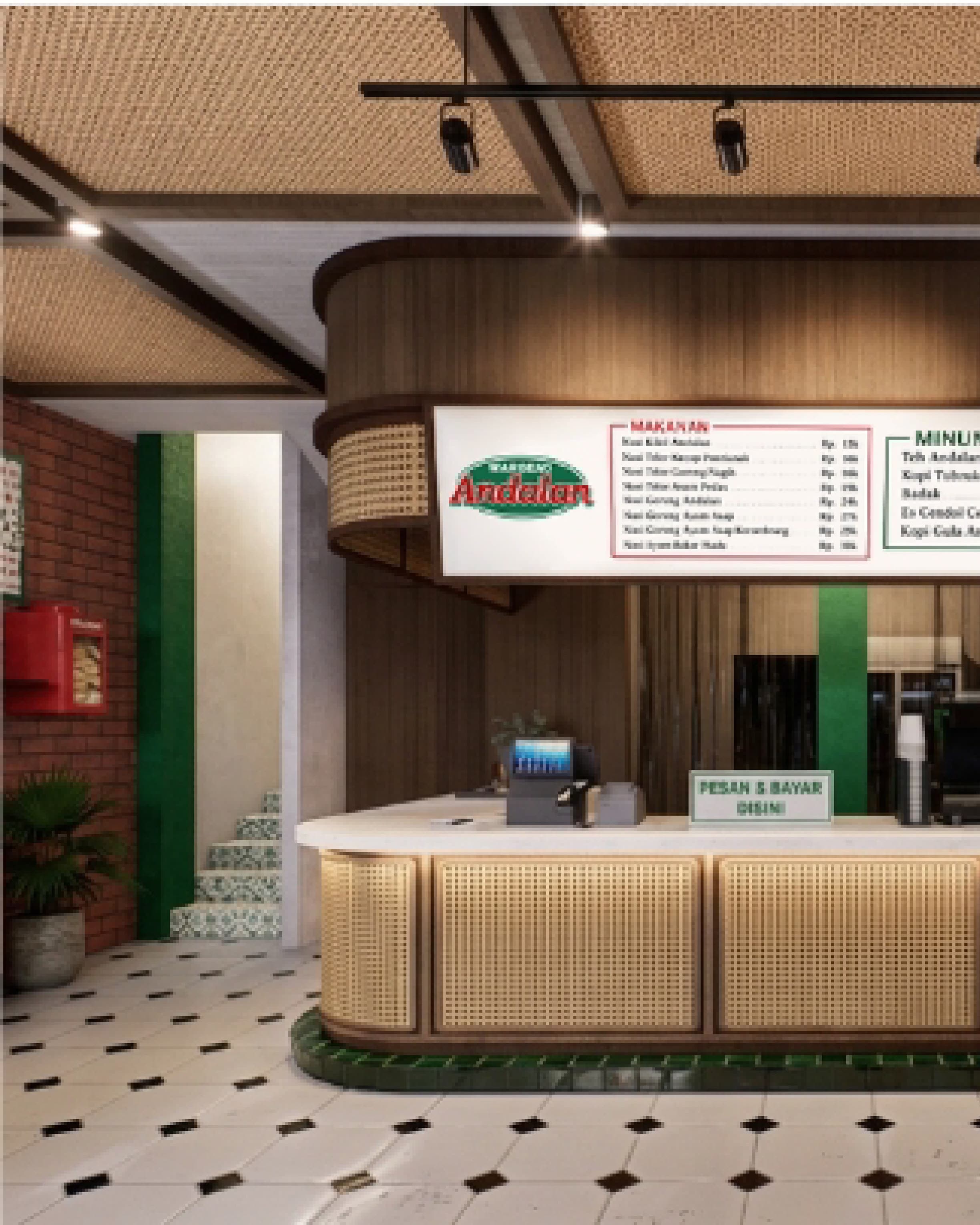 Order counter with overhead menu boards, green tile accents and a black-and-white checkered floor.