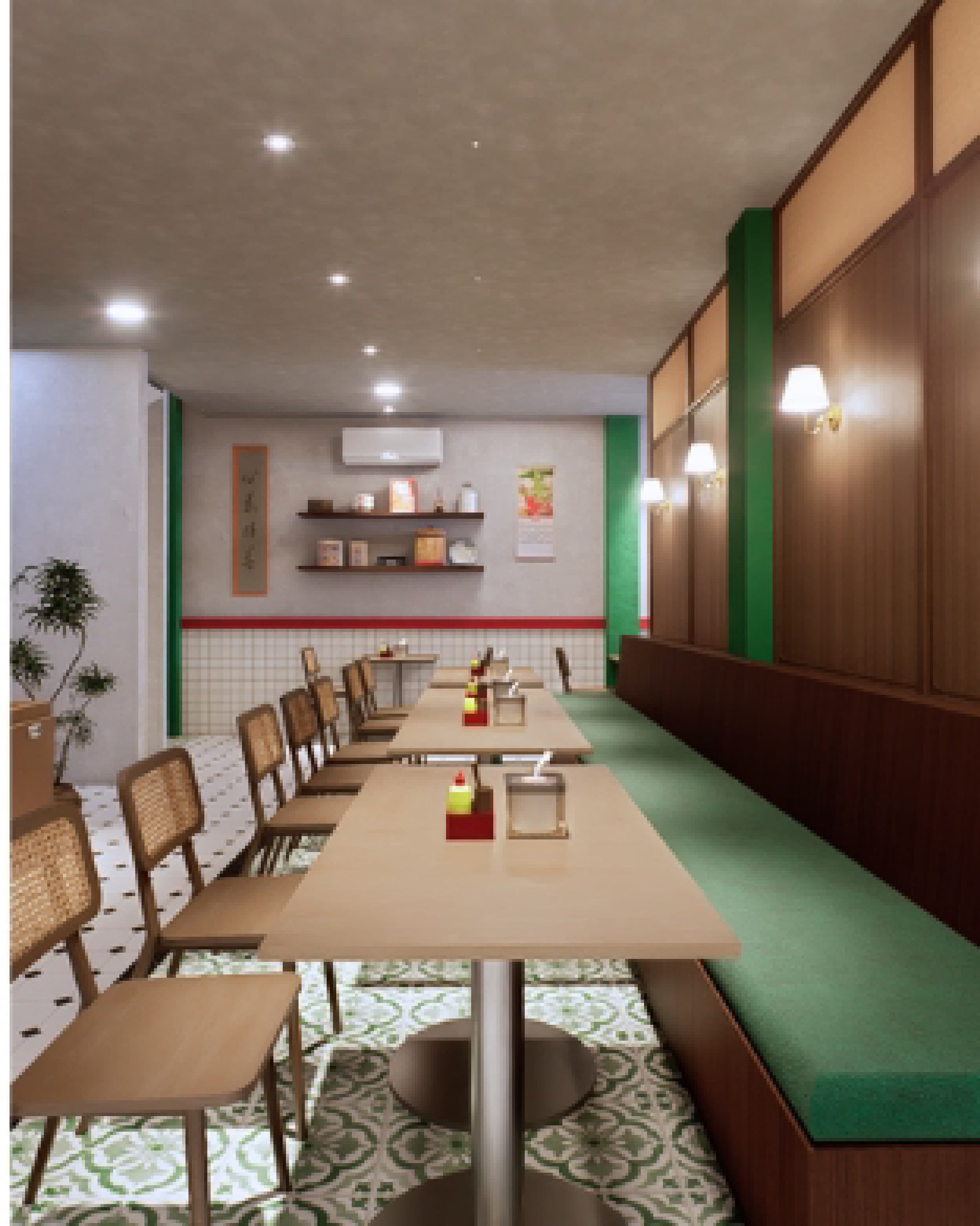 Booth seating upholstered in green, set against a patterned tile floor along the dining room wall.