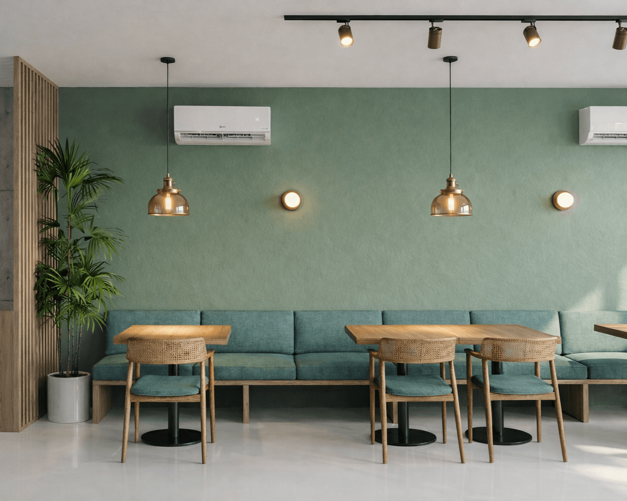 A sage-green wall with a long upholstered banquette, timber tables and brass pendants.