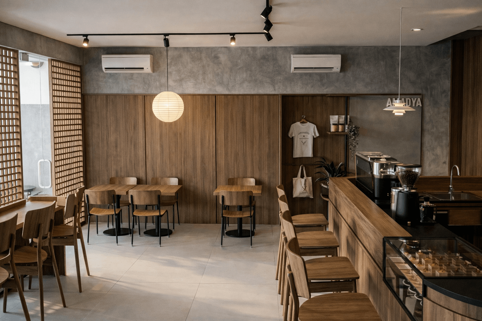 Bar seating and dining along timber-panelled walls under a paper lantern.