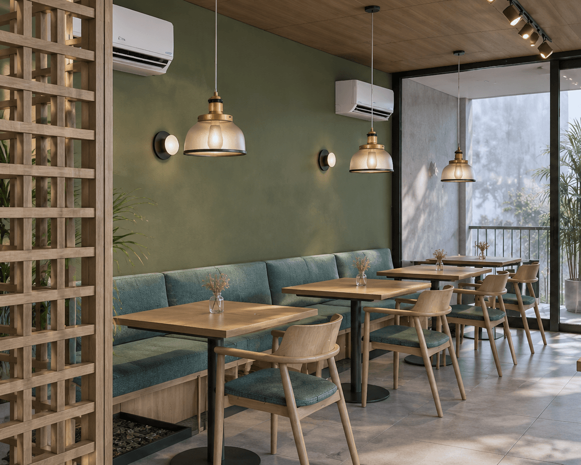 The banquette seen past a timber lattice screen, daylight from the glazed end wall.
