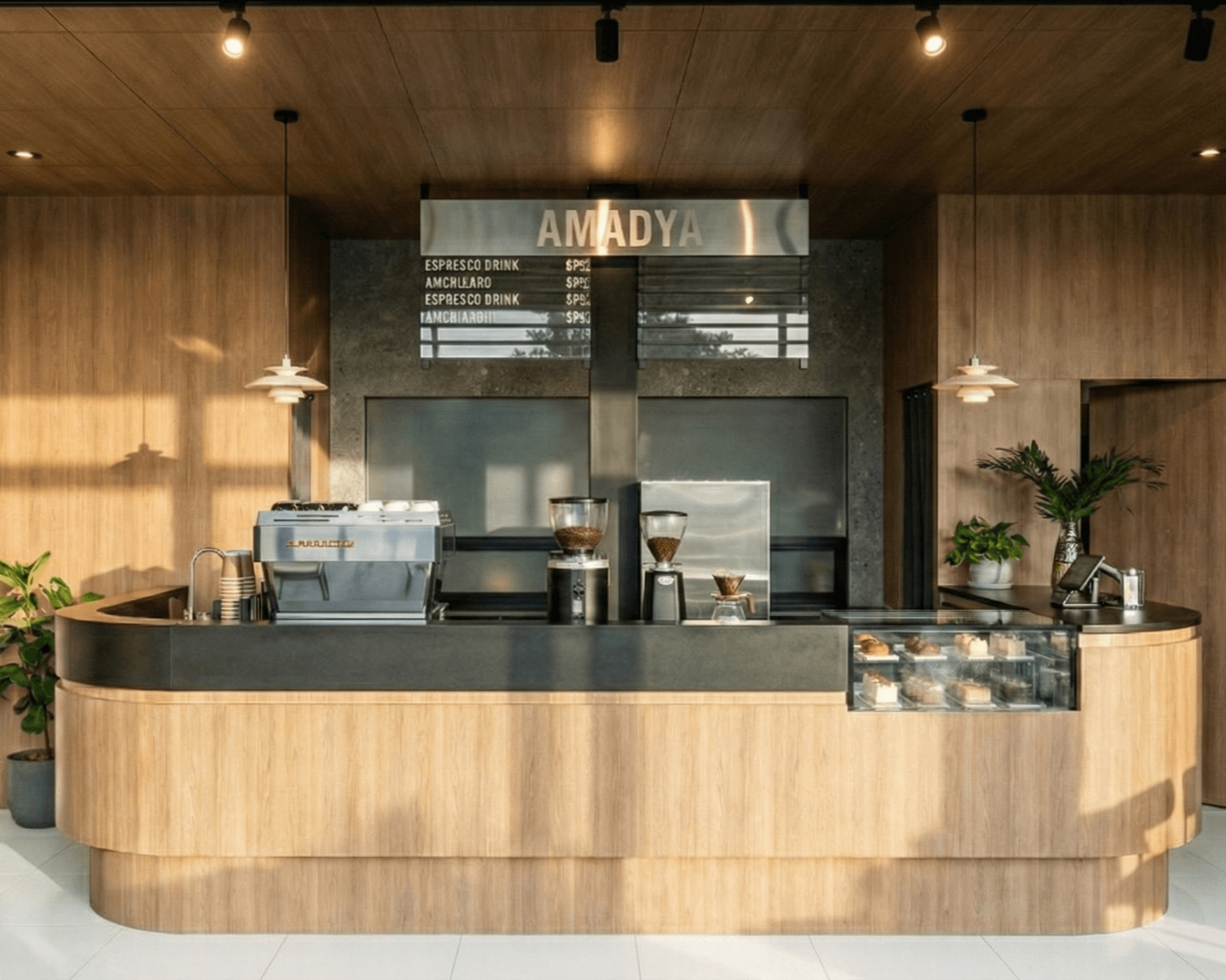 A curved timber-clad espresso bar under a timber ceiling, the menu board above.