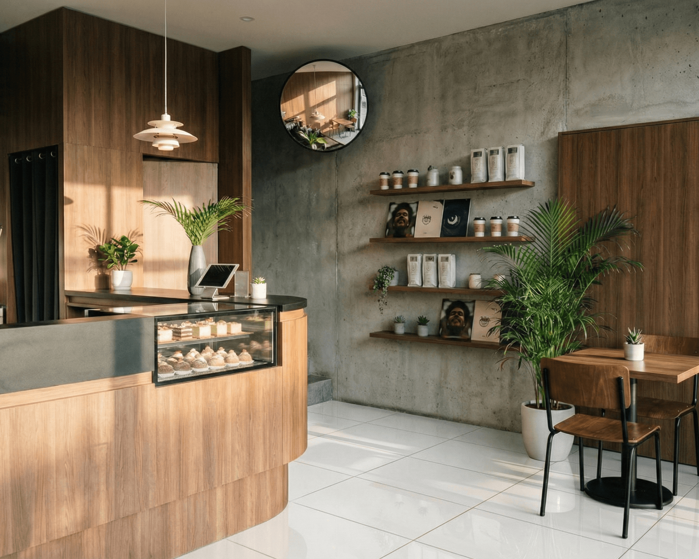 Pastry counter in timber and concrete, with shelving and a round mirror on the wall.