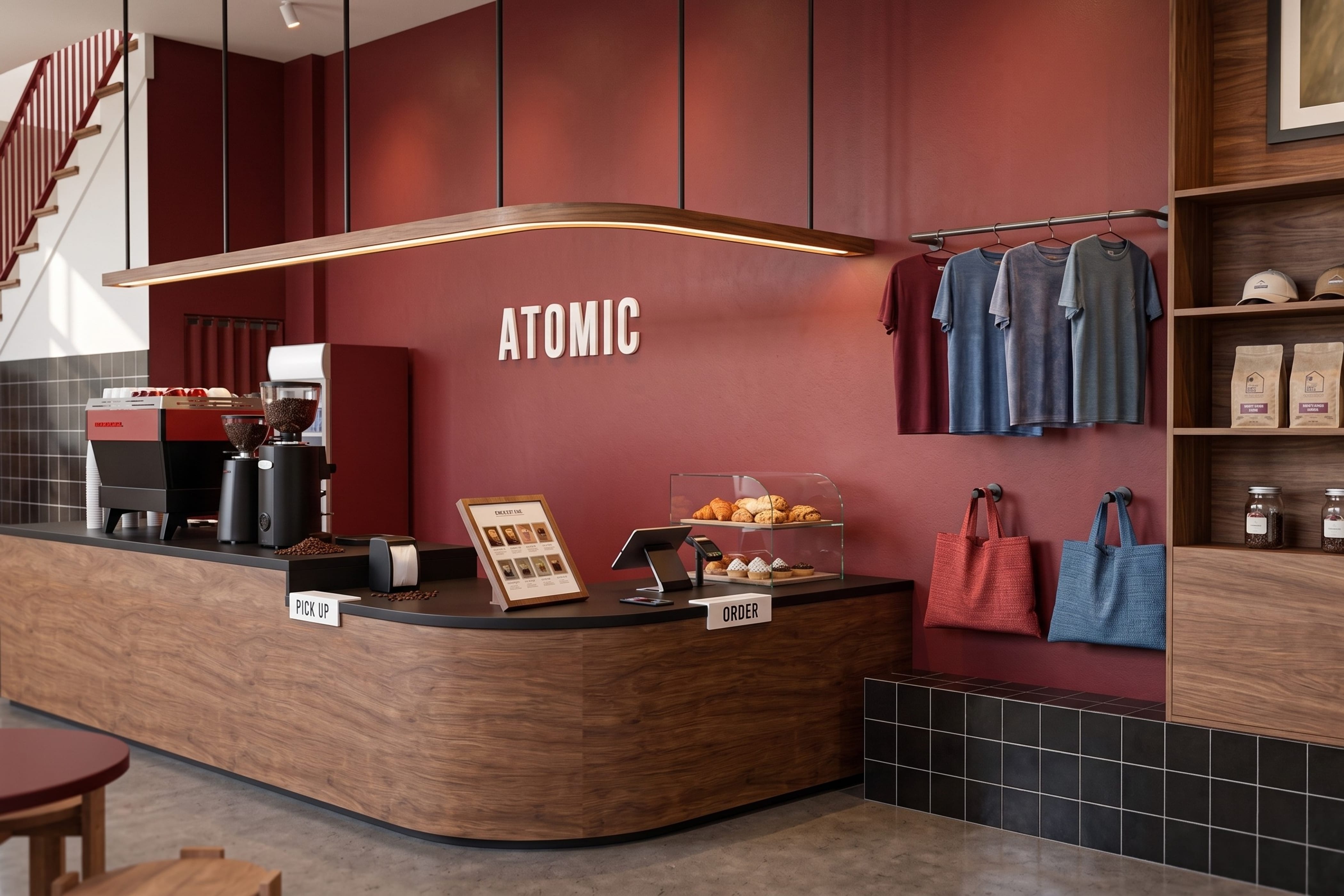 Atomic Cafe counter against a deep red wall, with illuminated signage, a pastry case and merchandise on rails.