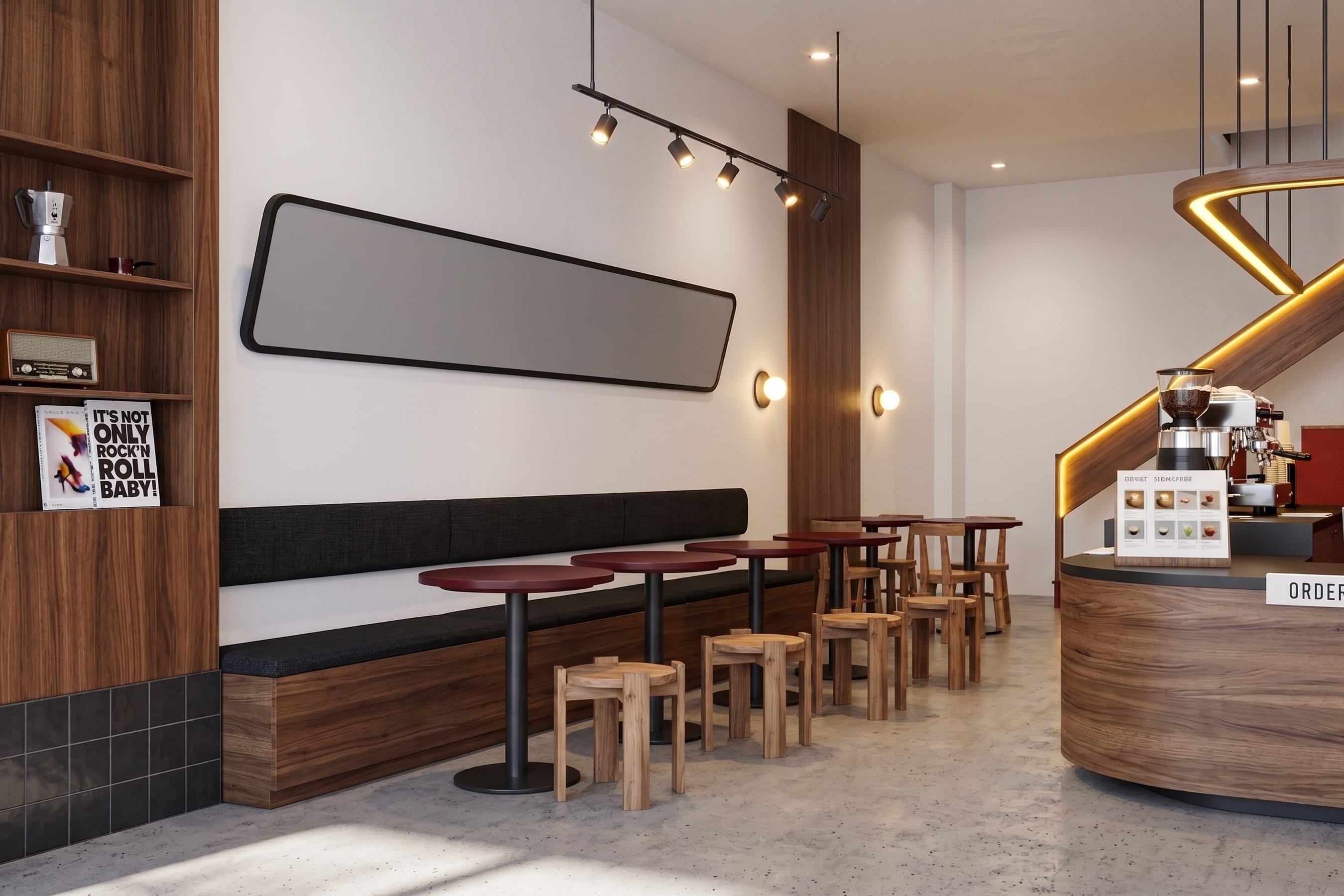 The room down its length: a black banquette under a long mirror on one side, the counter at the far end.