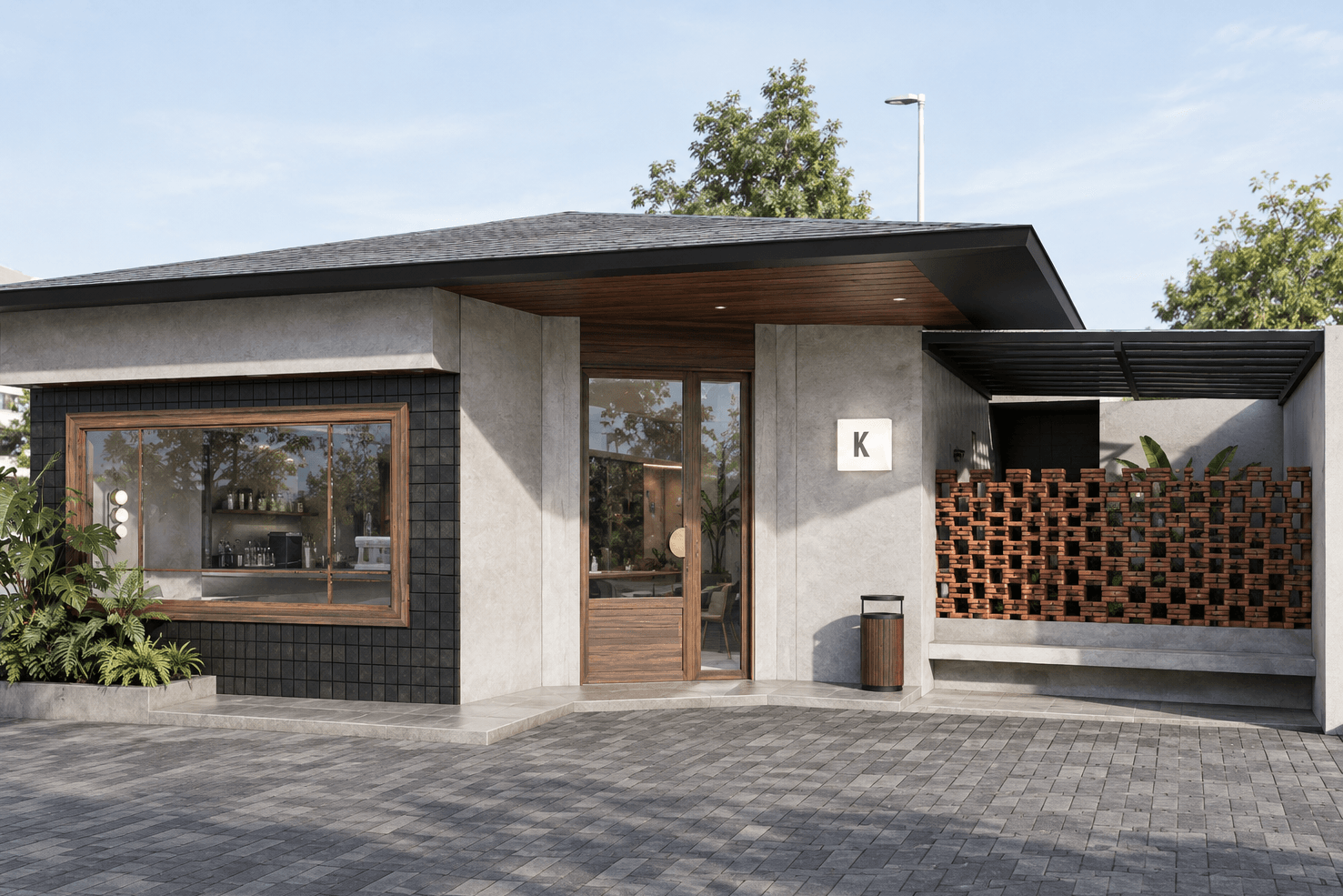 The pavilion from the street: a hipped roof over concrete and dark tile, a timber-framed window and a breeze-block screen.