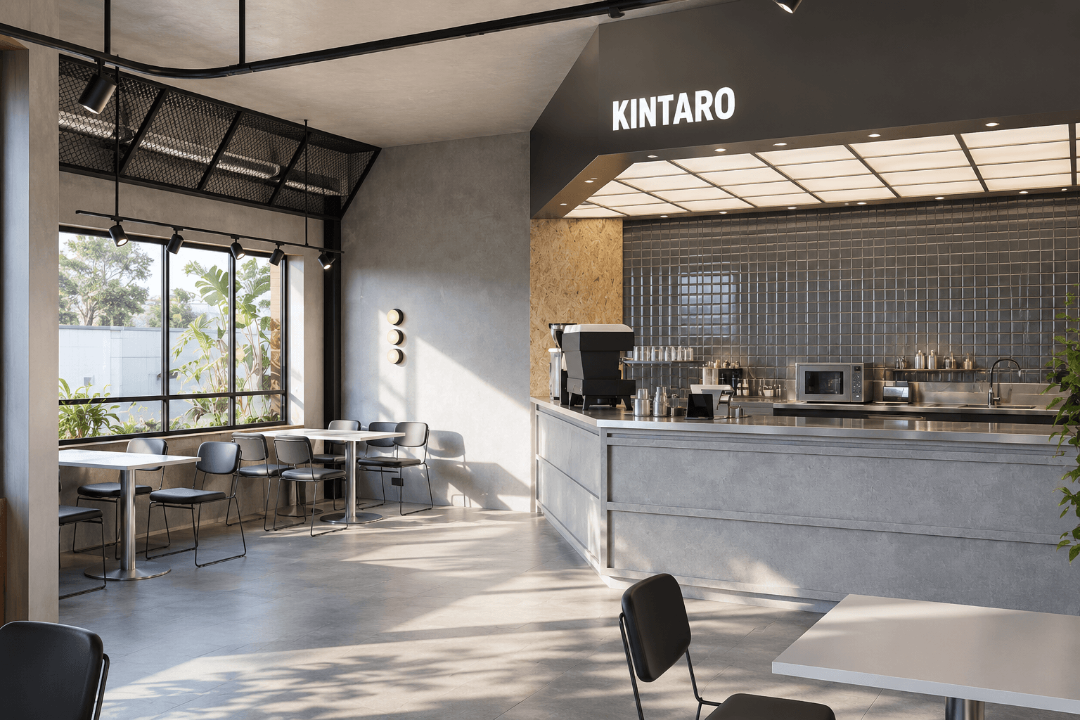 The counter up close, beneath the black KINTARO fascia and a tiled back wall.