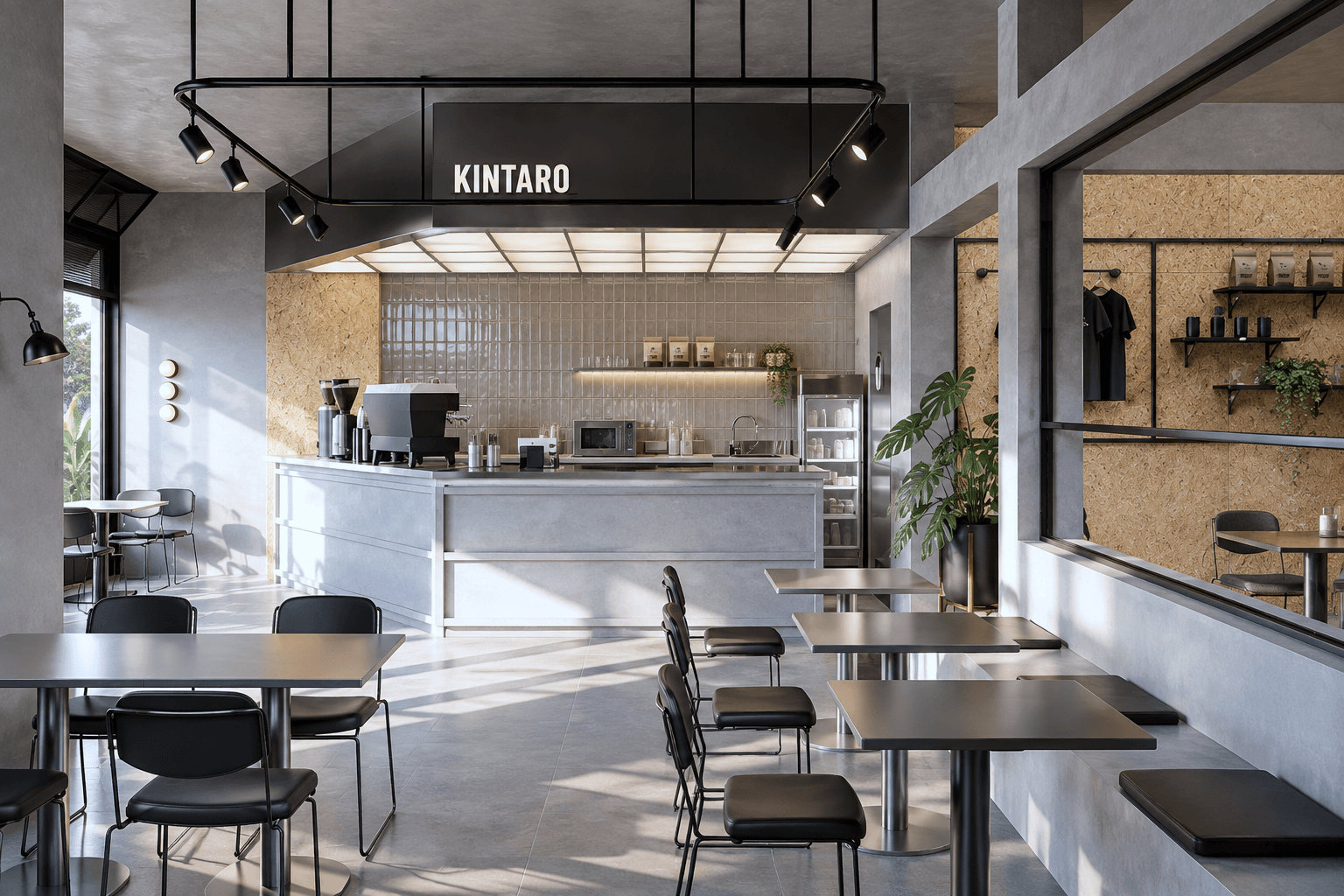Order counter under a KINTARO sign, dining tables and a black track-light frame beyond.