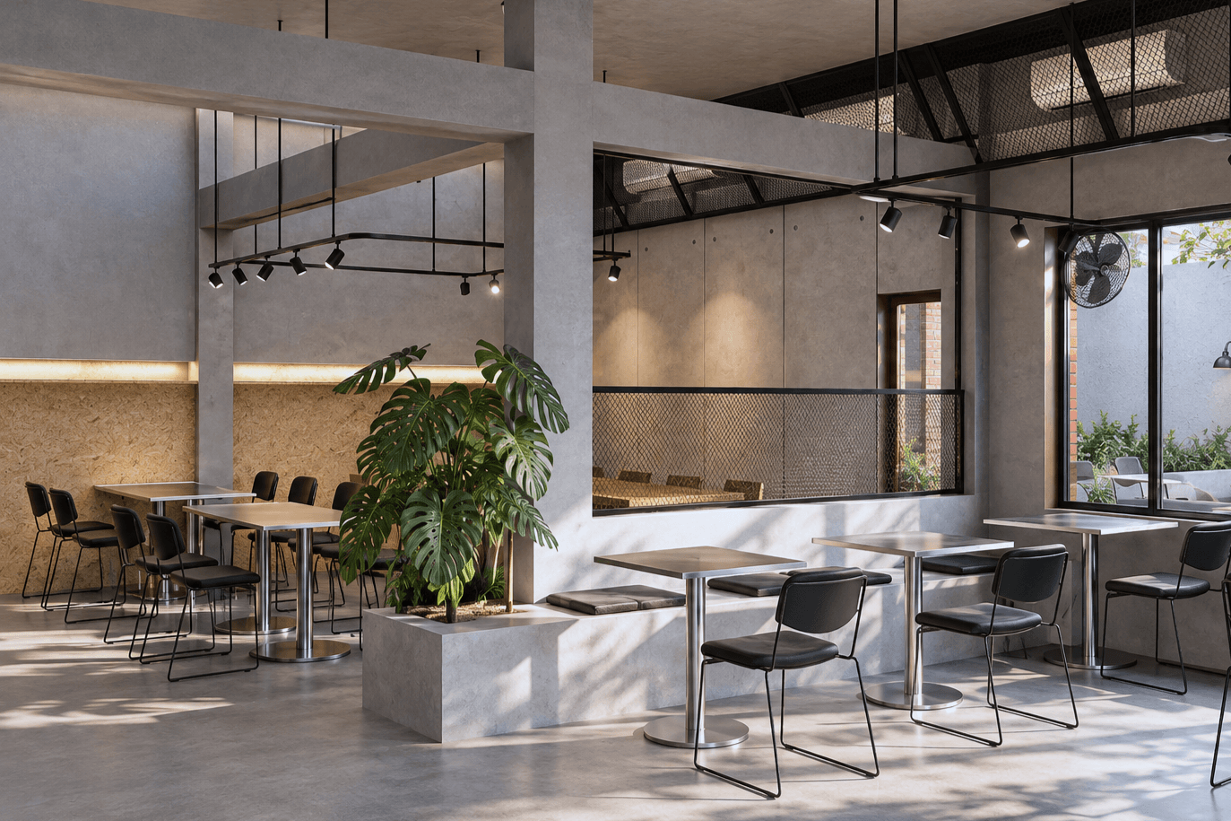 Dining bay around a concrete planter, under an exposed concrete frame and track lighting.