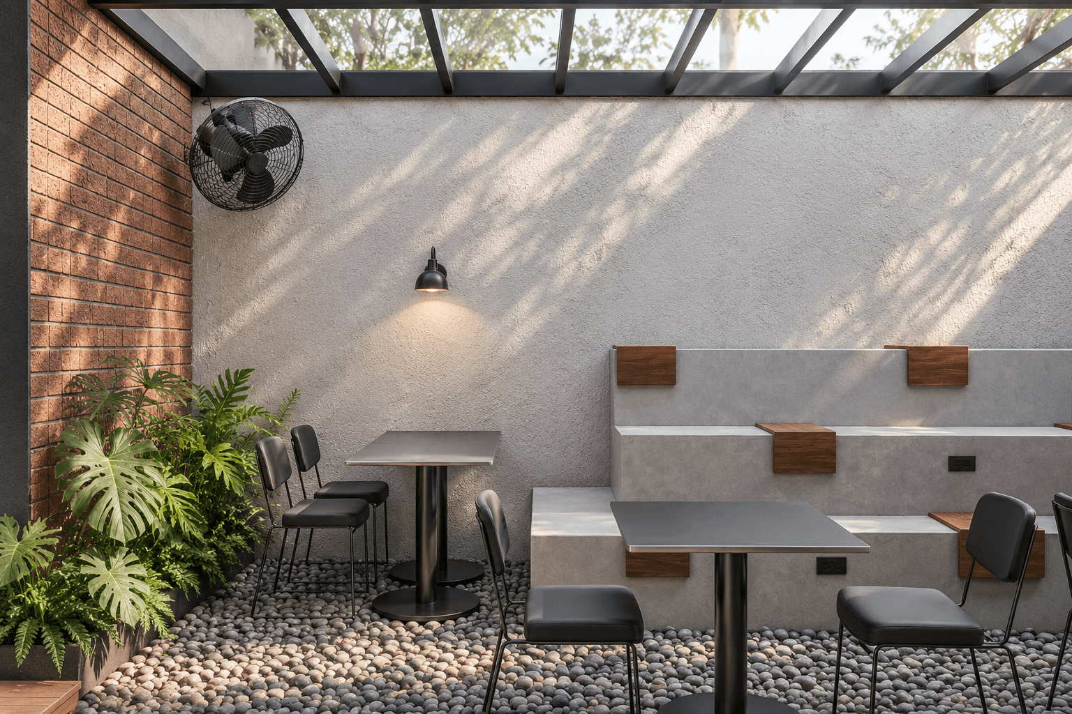 Covered courtyard with a brick wall, a stepped concrete bench and planting.