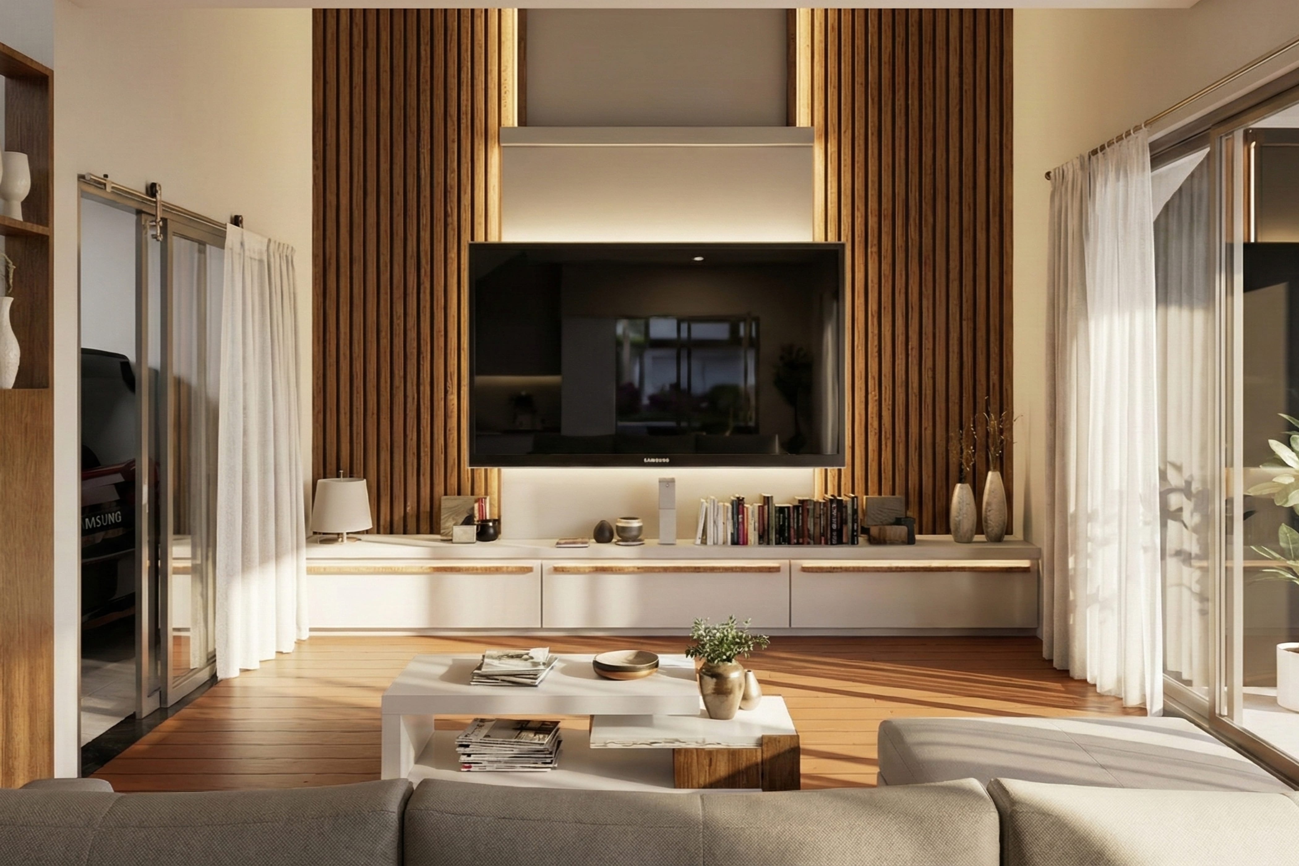 Living room against a vertical timber batten wall, with a wall-mounted screen, a long low console and sheer curtains.
