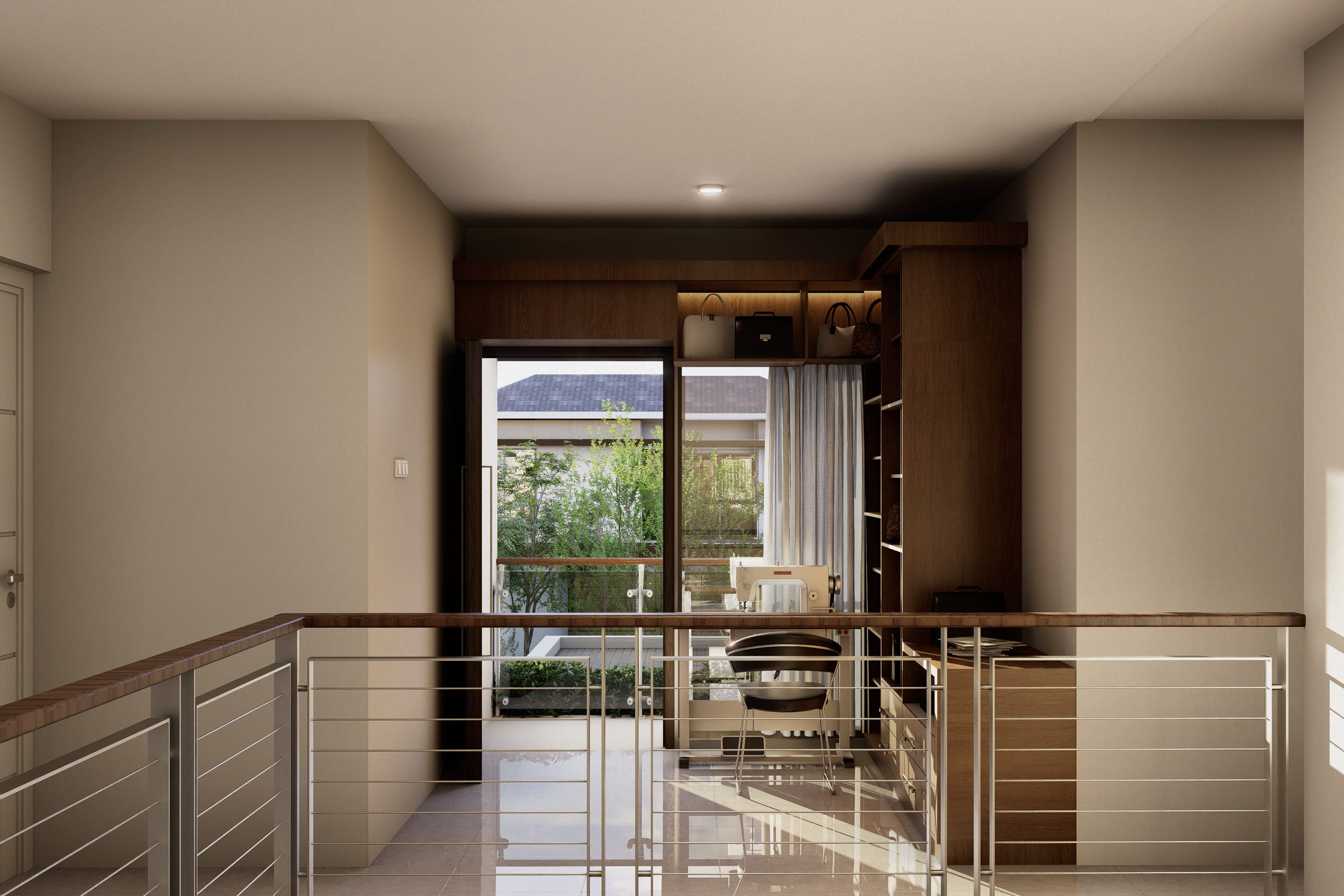 Upper landing with a stainless balustrade, looking through a sliding door to the garden beyond.