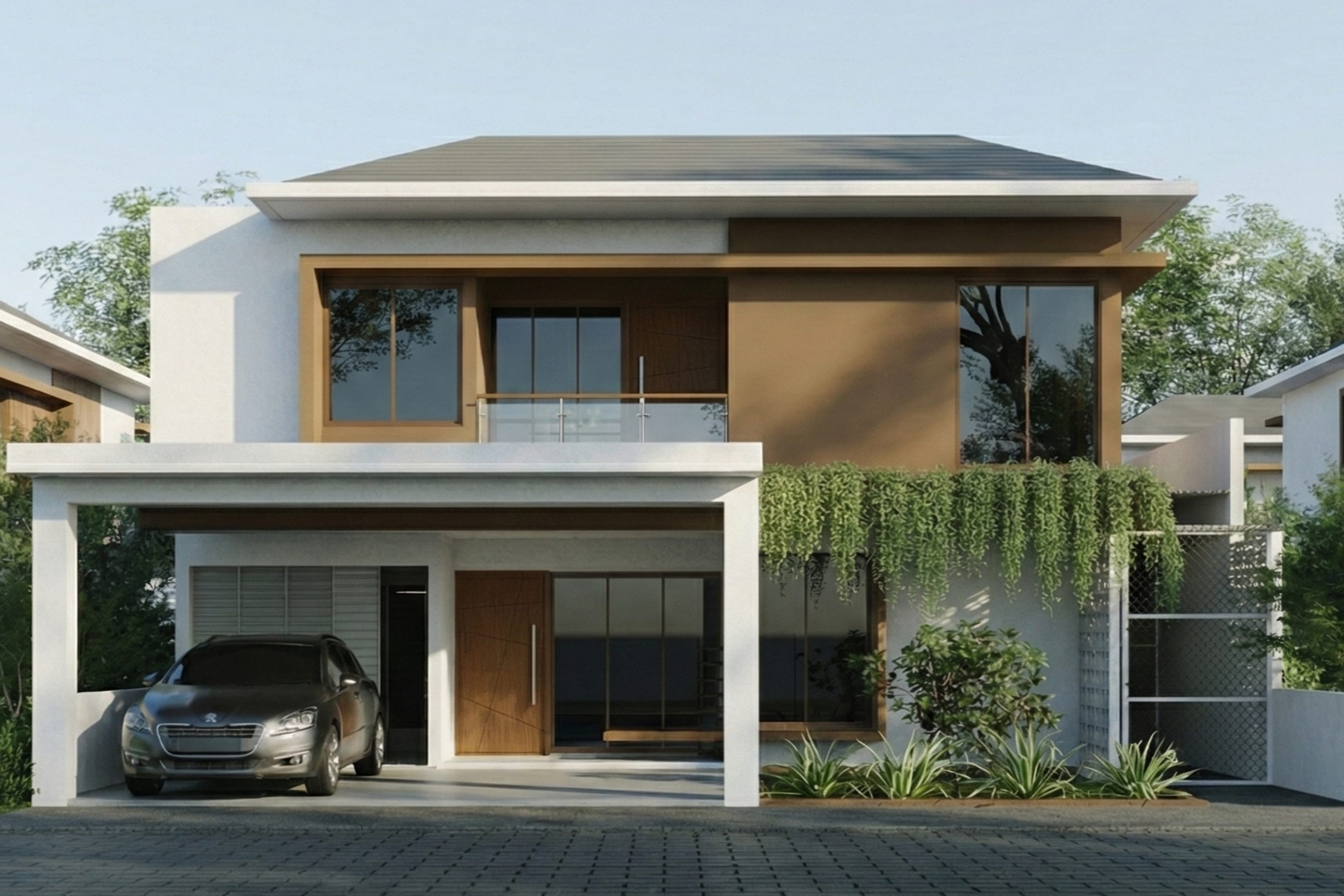 Two-storey street elevation with a timber-clad upper volume, a car in the carport and planting along the wall.