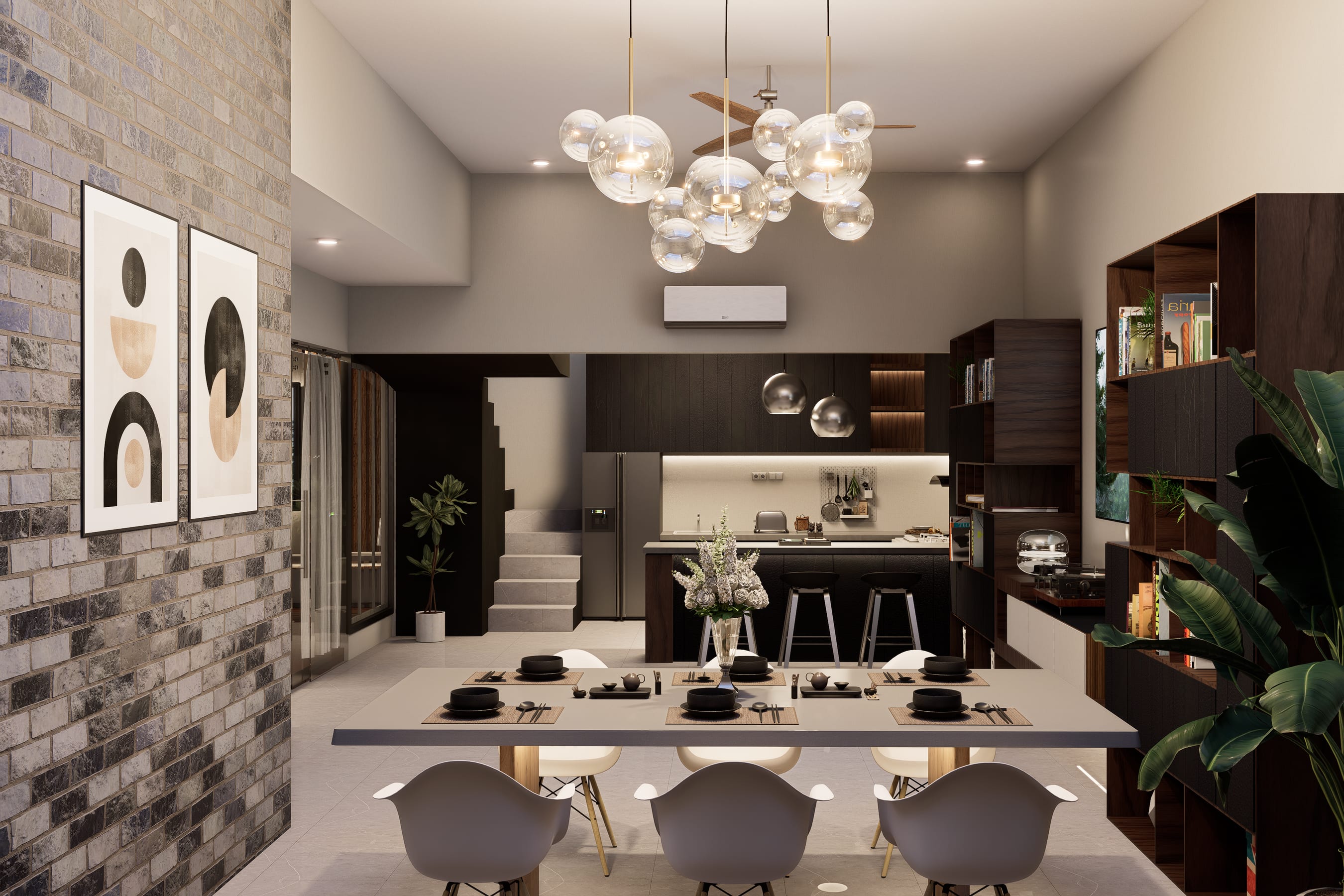 Kitchen and dining under a globe chandelier, with an exposed brick wall and dark timber shelving.