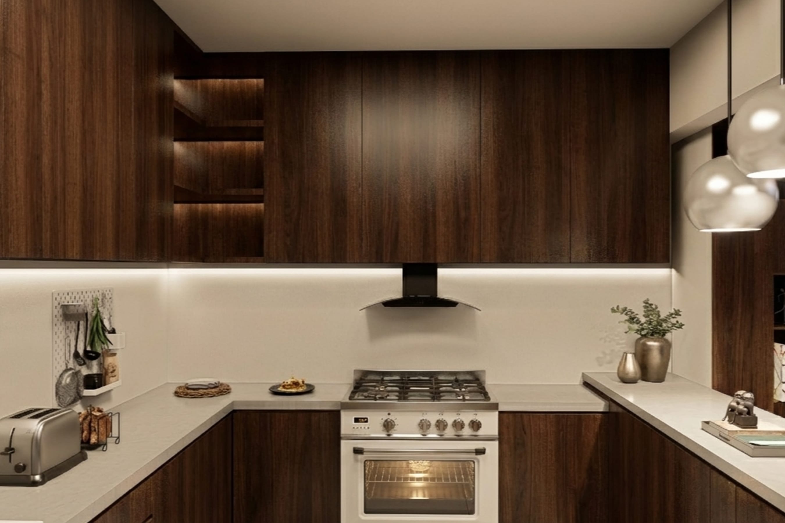 Galley kitchen in dark timber, with a range under an extractor and lighting beneath the wall units.