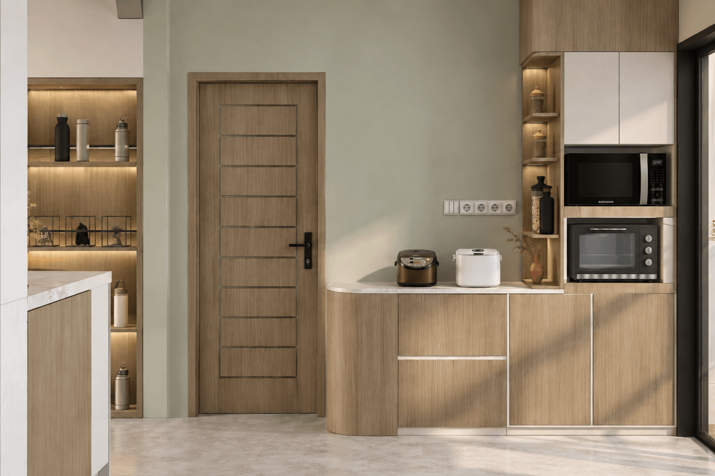 Pantry wall of timber cabinetry with lit open shelving beside a sage-green wall.