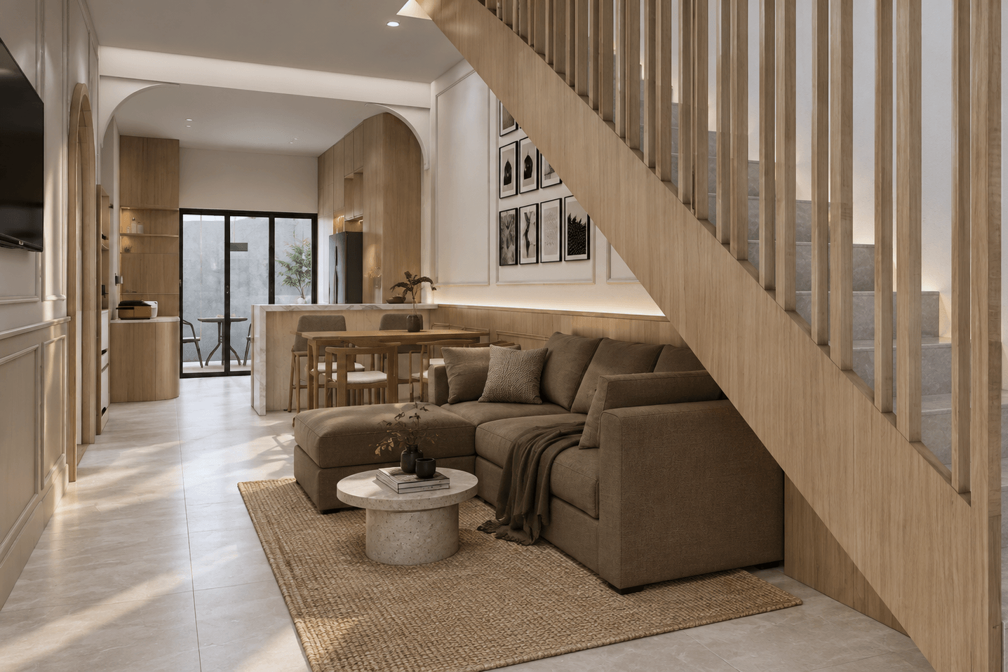 Living room beneath the timber stair, looking through to the dining room and garden doors.