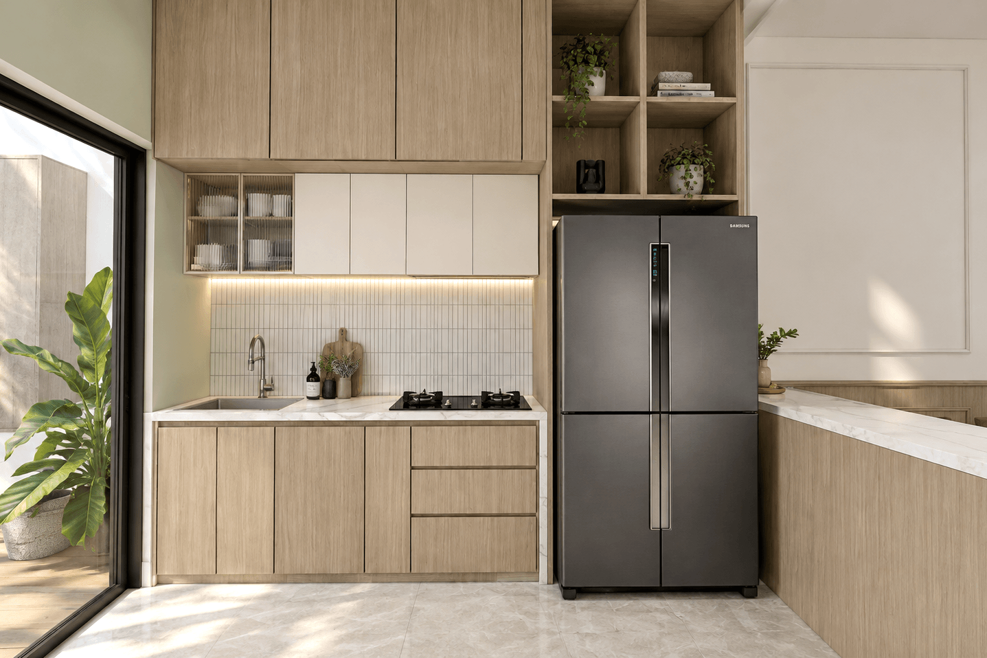 Kitchen with pale timber cabinets, a tiled splashback and a sliding door to the garden.