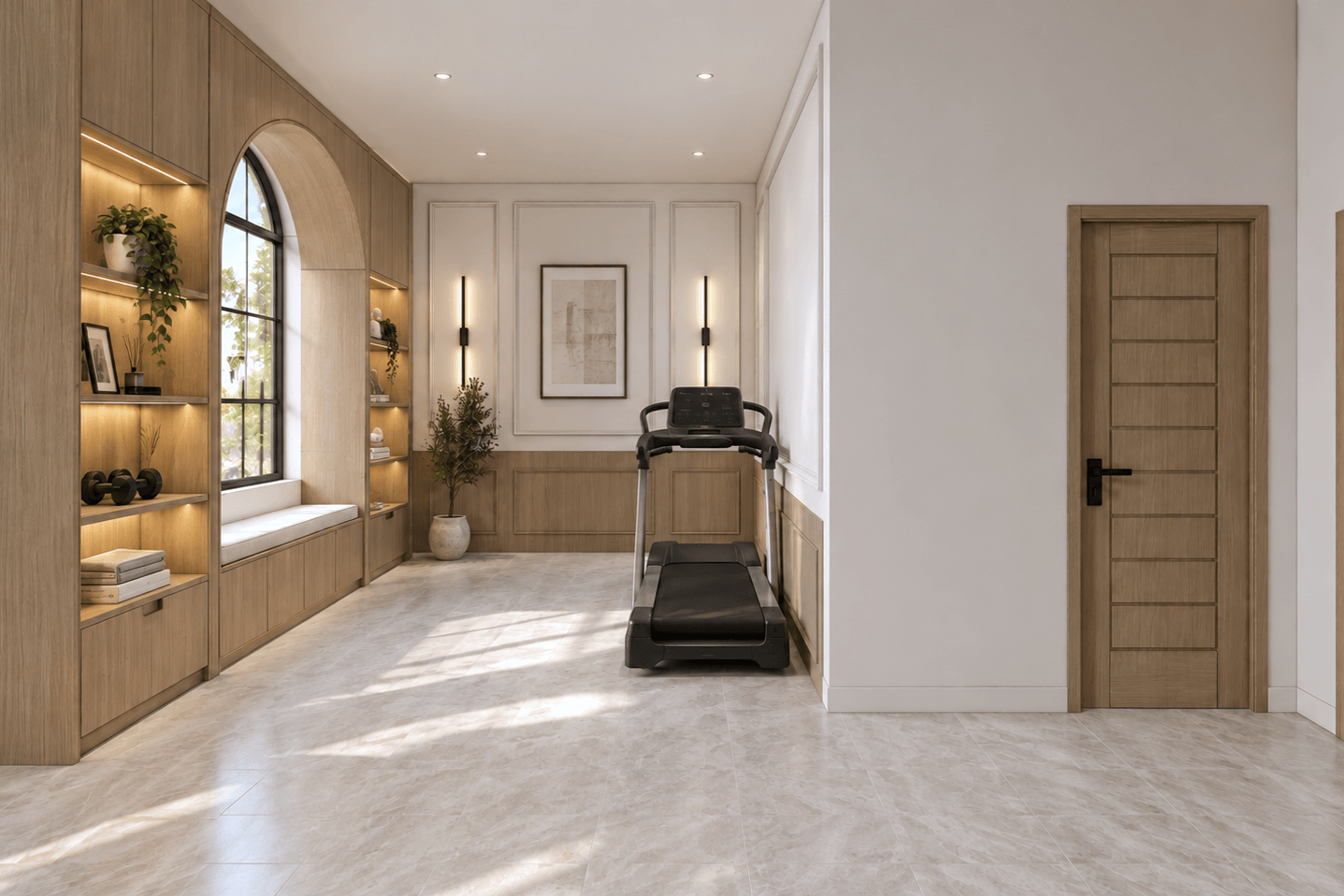 A study and exercise room with built-in shelving and an arched window.