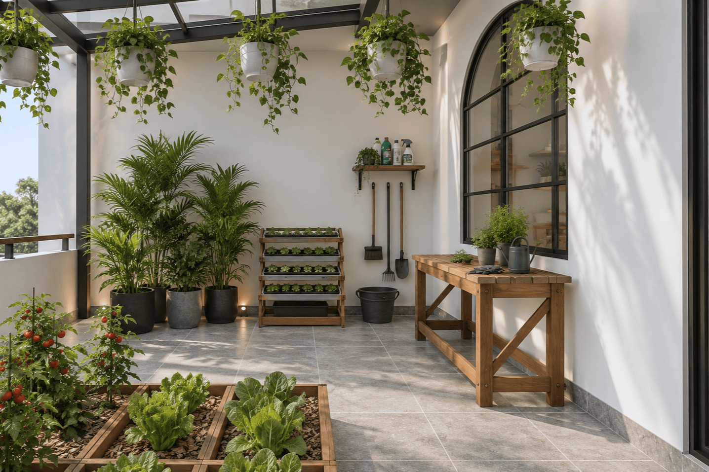 Covered garden terrace with raised planters, hanging plants and a timber potting table.