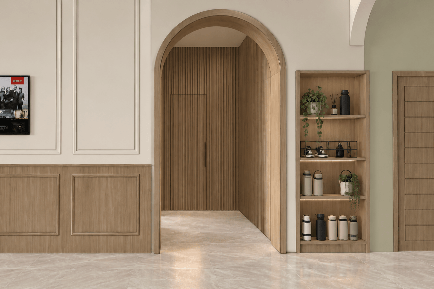 Arched doorways and wainscoted walls, with open shelving in a niche.