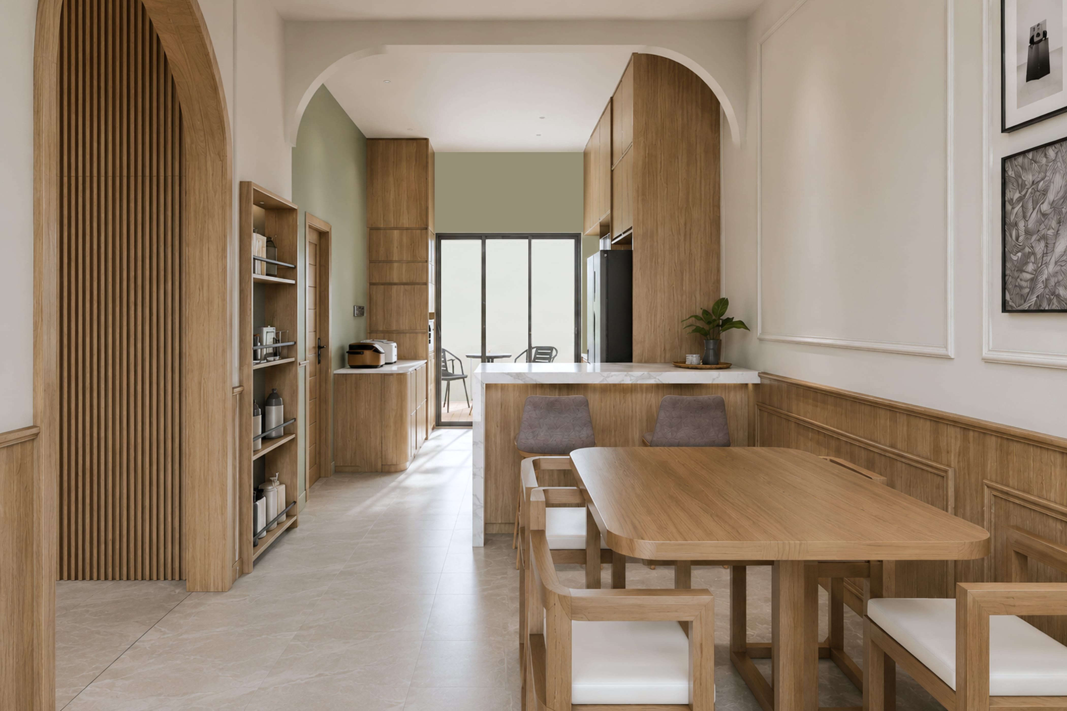 Dining table under an arched opening, between a slatted timber wall and full-height pale cabinetry.