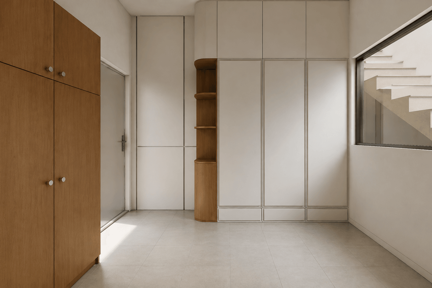 Full-height wardrobes in timber and white, a stair beyond the glass.