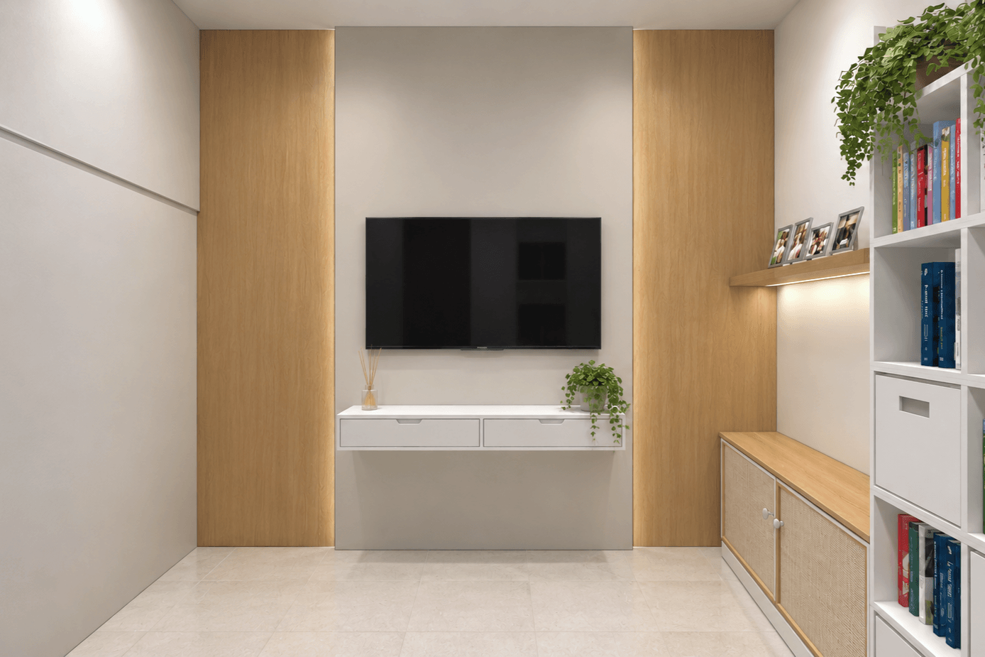 A TV wall between timber panels, a floating cabinet and white shelving with books.