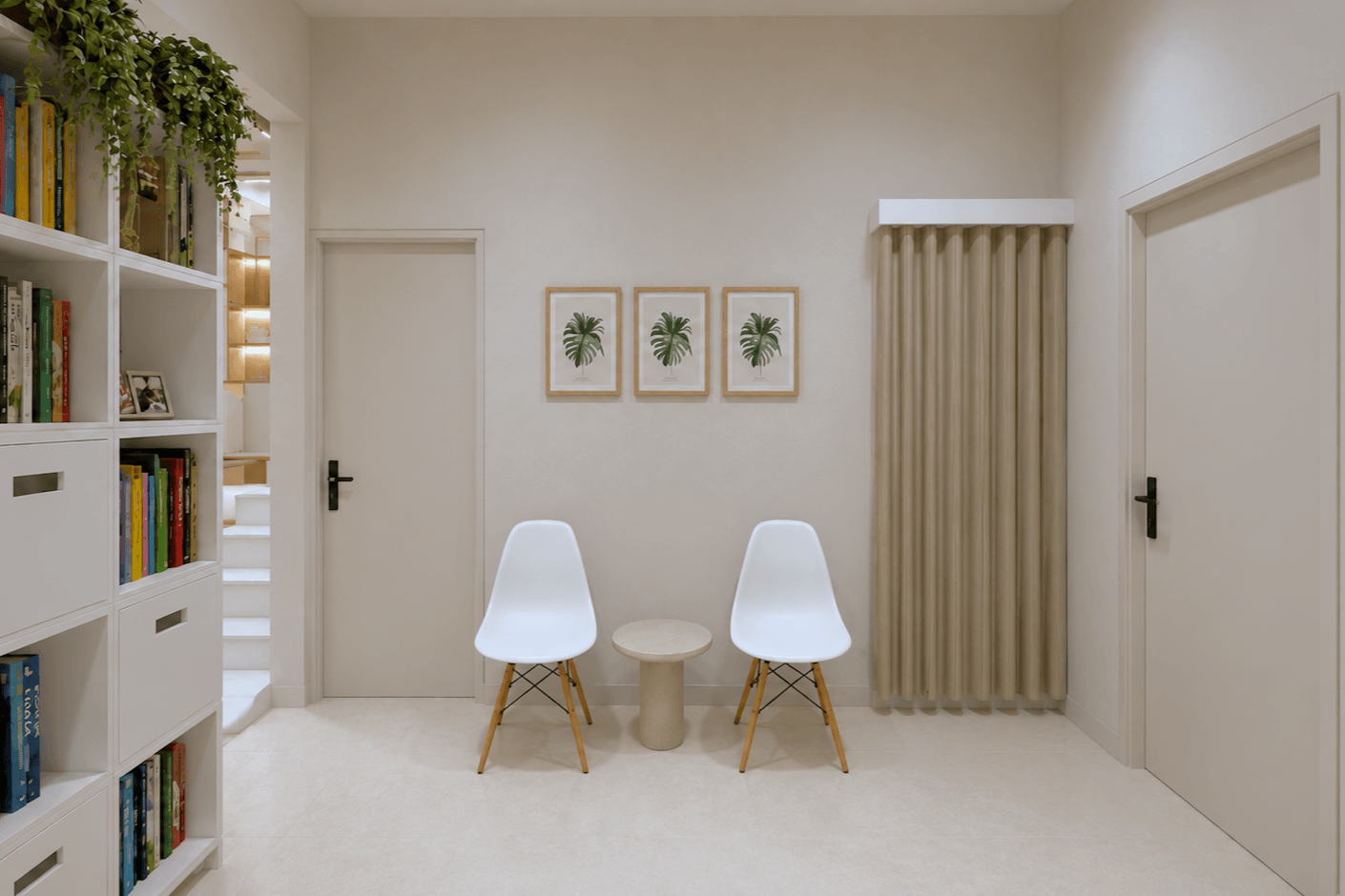 Entry with white chairs, a curtain and shelving along the wall.