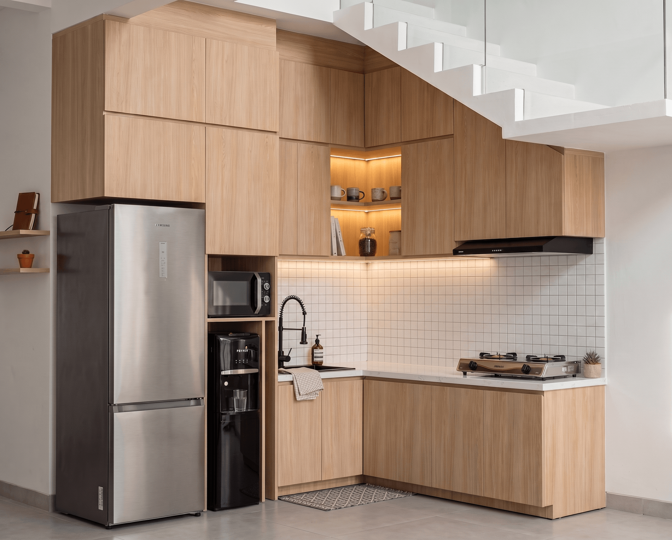 Kitchen fitted beneath the stair: timber cabinetry with lit niches, a white tiled splashback and a steel refrigerator.