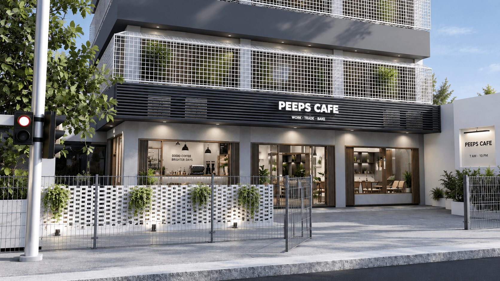 Peeps Cafe from the street: a dark storefront under the Peeps Cafe sign, a perforated screen wall and planters along the pavement, mesh-clad floors above.