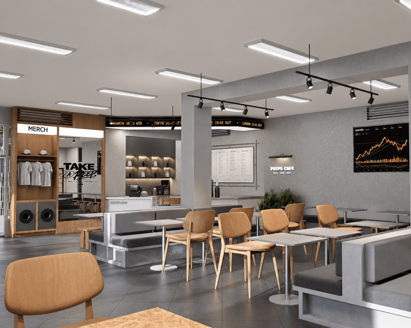 Main dining hall with timber chairs, grey banquettes and track lighting, a merchandise wall and a market-chart screen beyond.