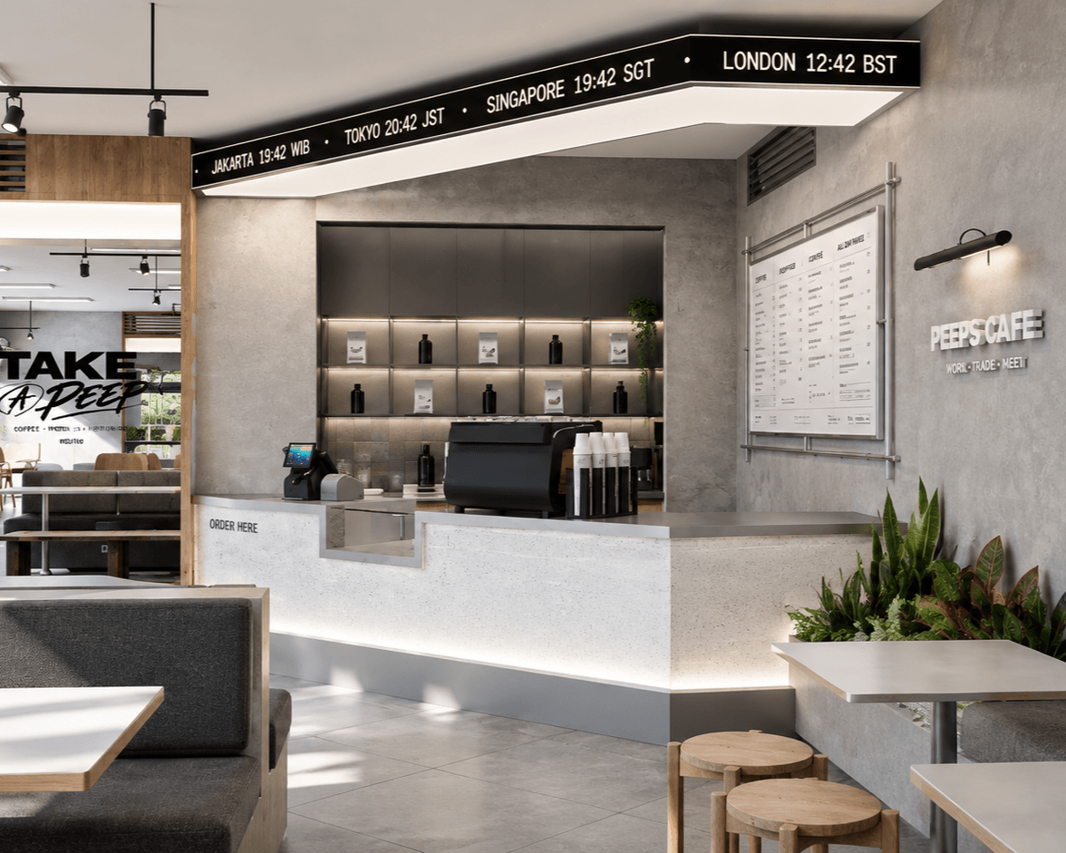 Order counter beneath a ticker of world clocks, with backlit shelving, an espresso machine and the Peeps Cafe sign.