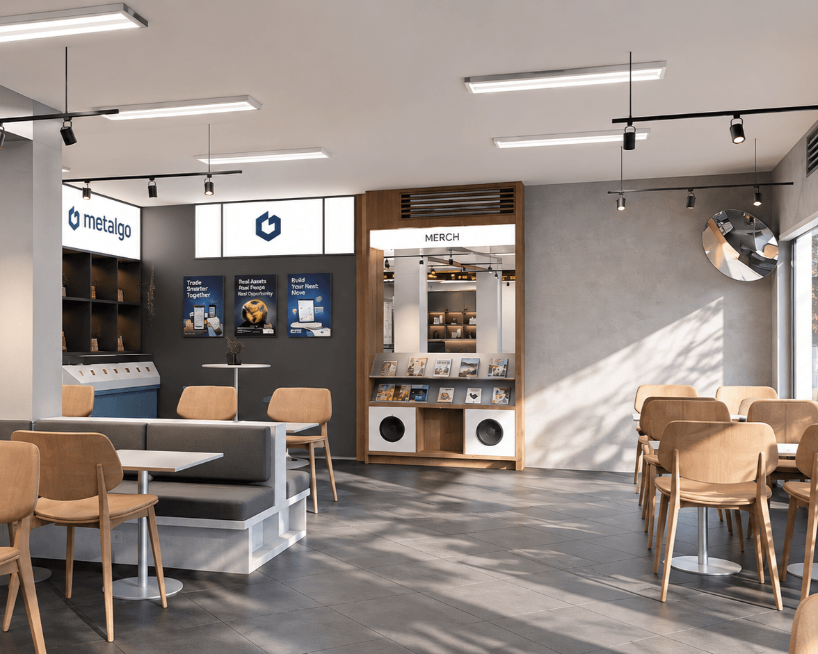 Merchandise corner with partner-brand displays, shelving and banquette seating.