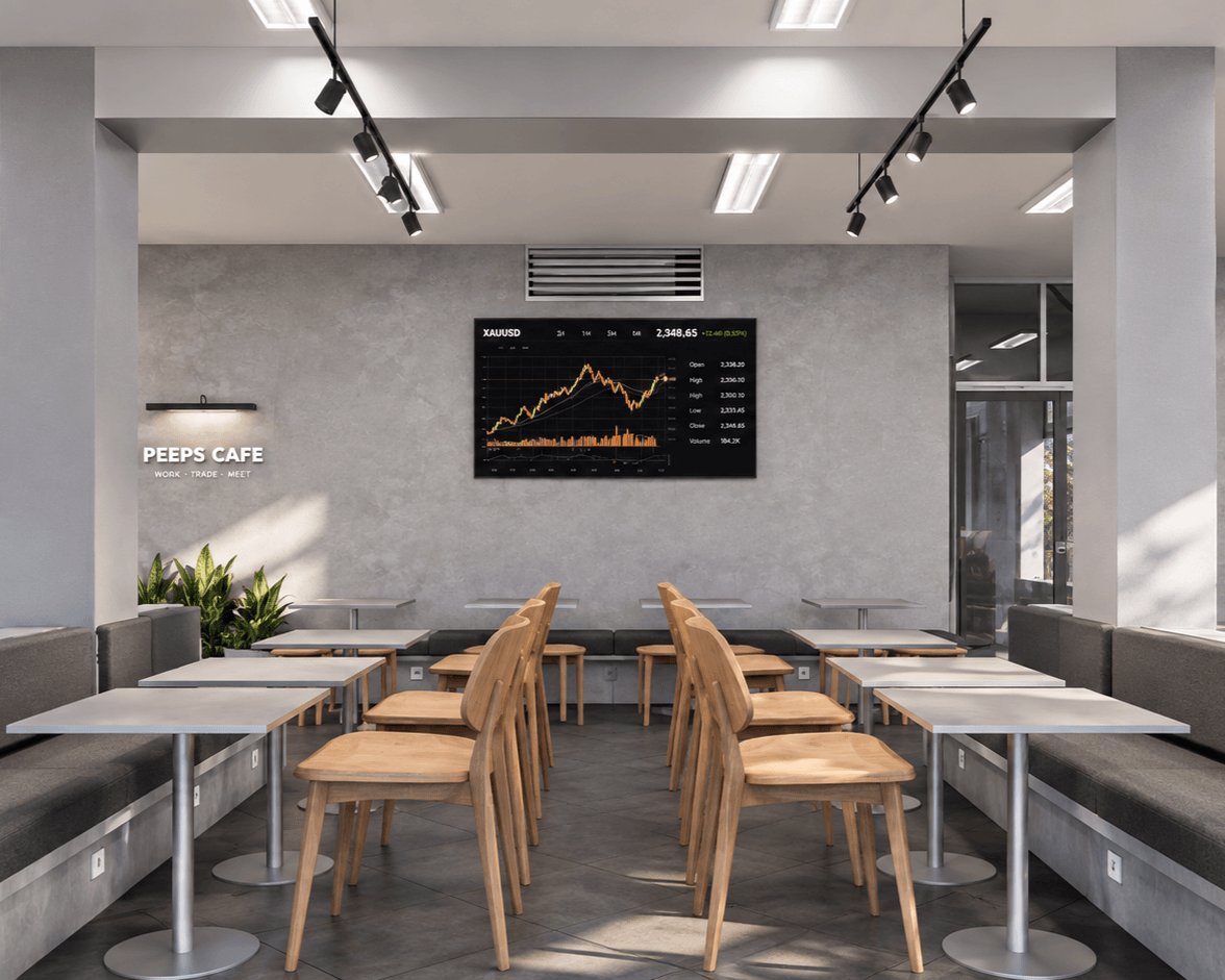 Rear dining room with rows of tables facing a wall screen that shows a market chart.