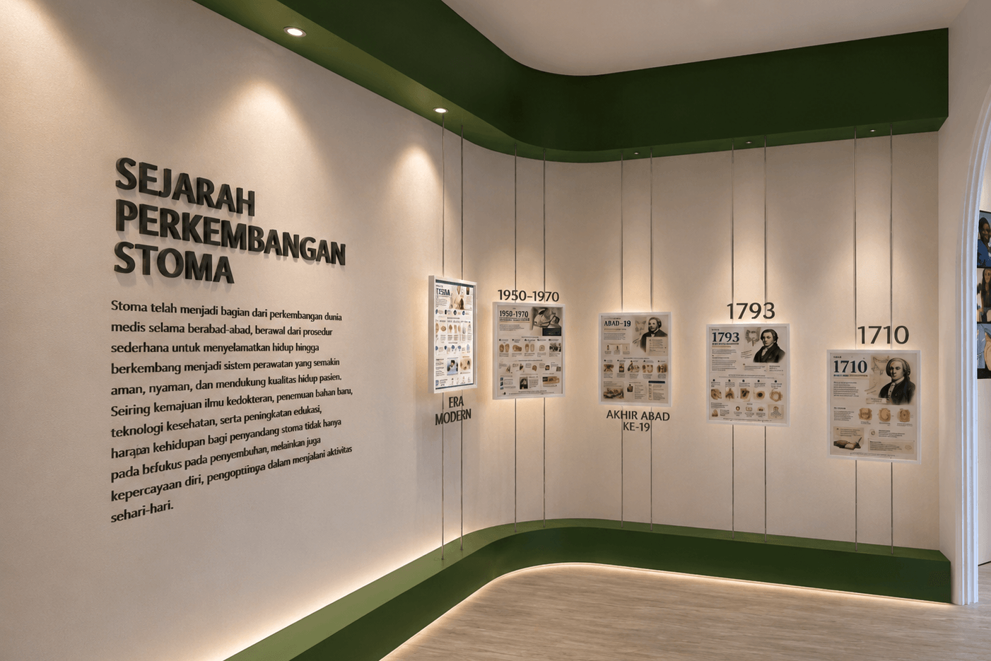The history wall, “Sejarah Perkembangan Stoma”: a timeline of framed panels beneath a curved green canopy.