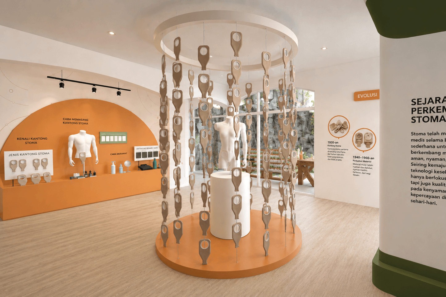 The central installation: a circular suspended display of ostomy pouches around a pedestal, orange feature walls beyond.