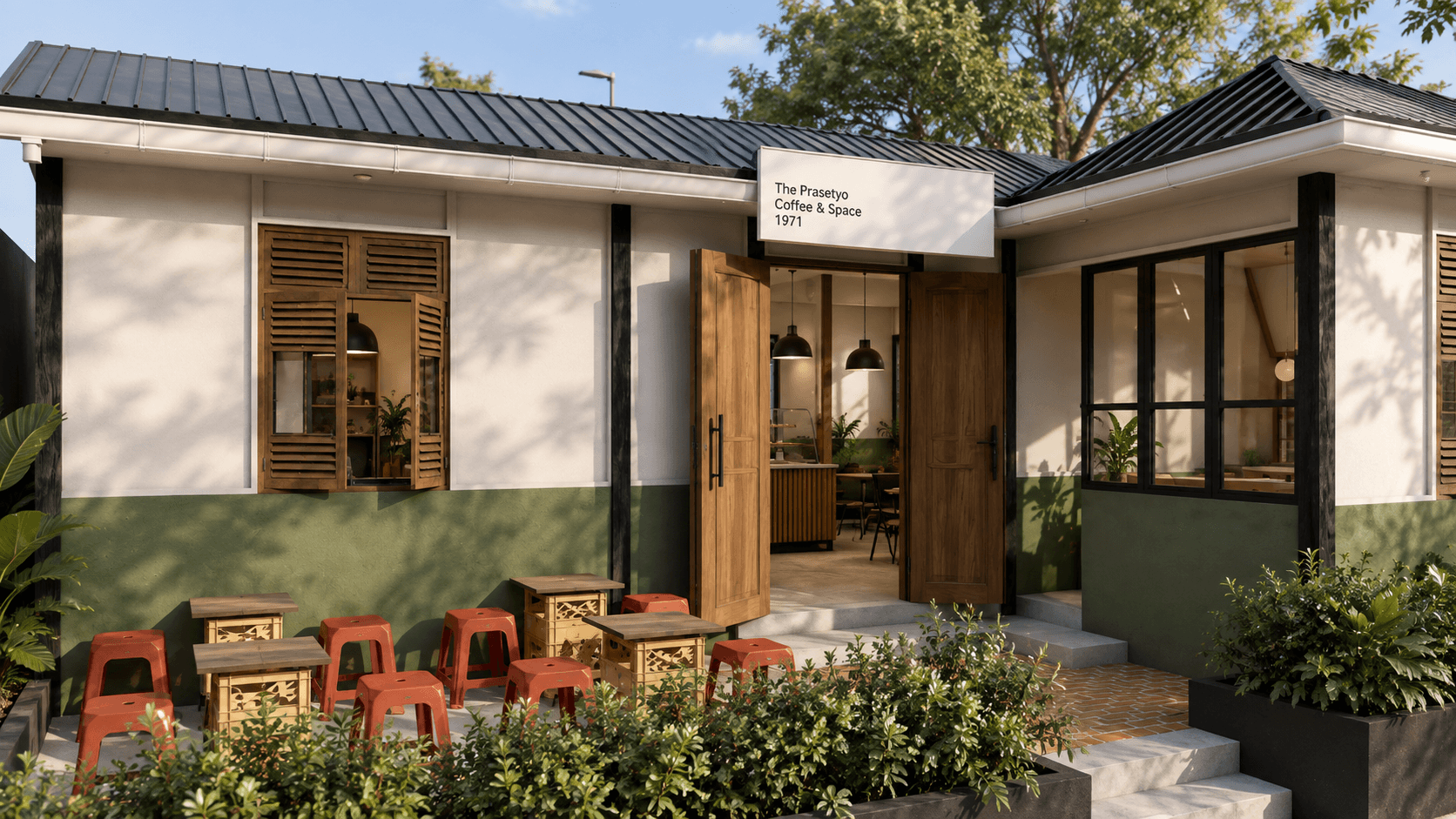 The house from the garden: white walls over a green base, louvred shutters, and red stools on the terrace.