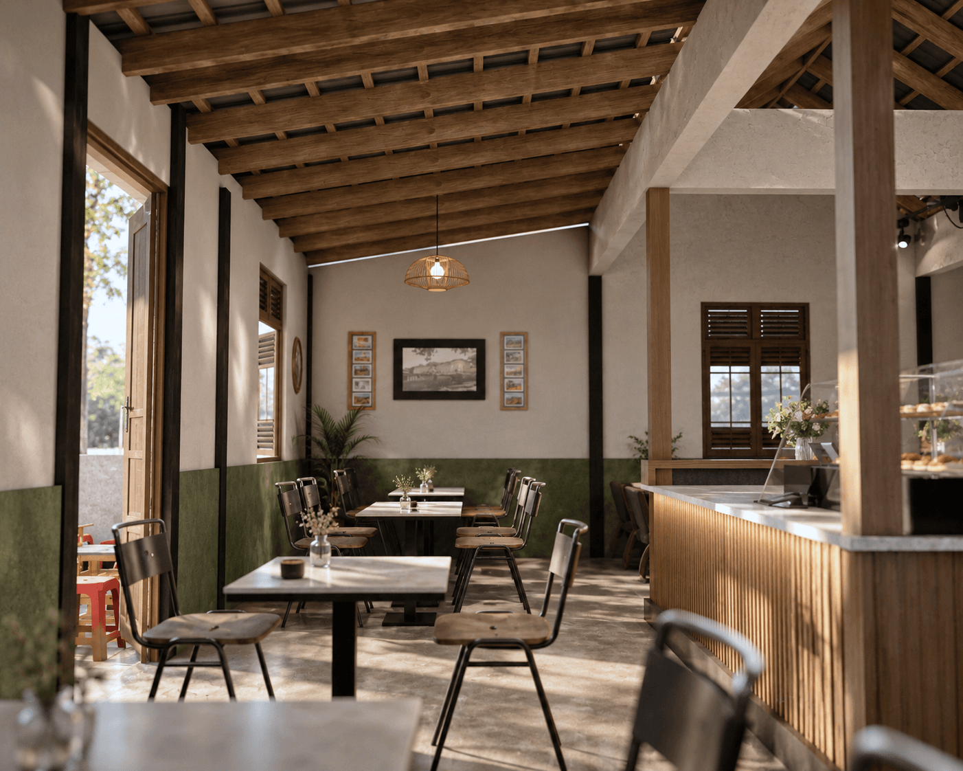 Dining room with timber posts and rafters, a counter along one side.